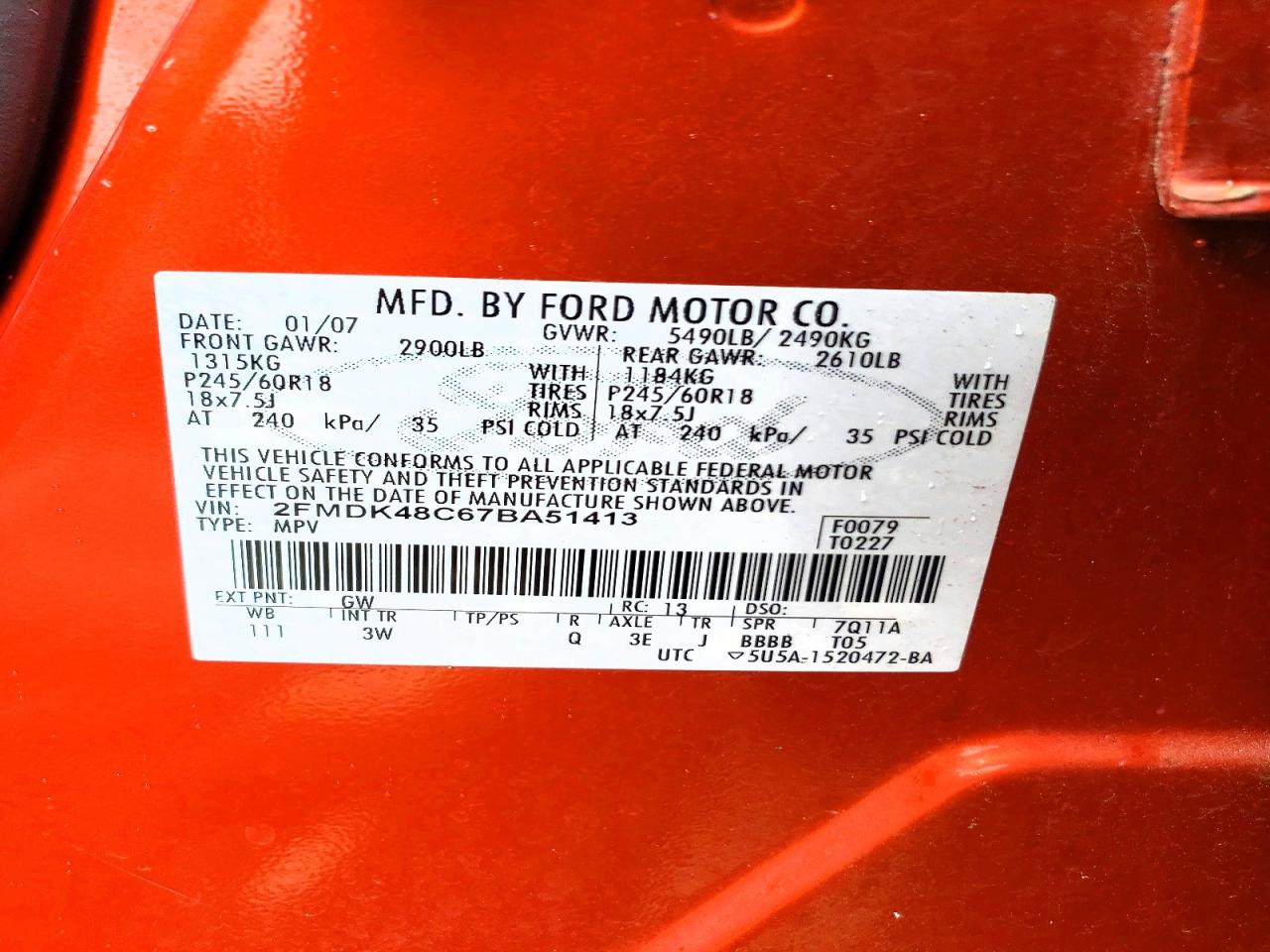 2007 Ford Edge Sel Orange vin: 2FMDK48C67BA51413