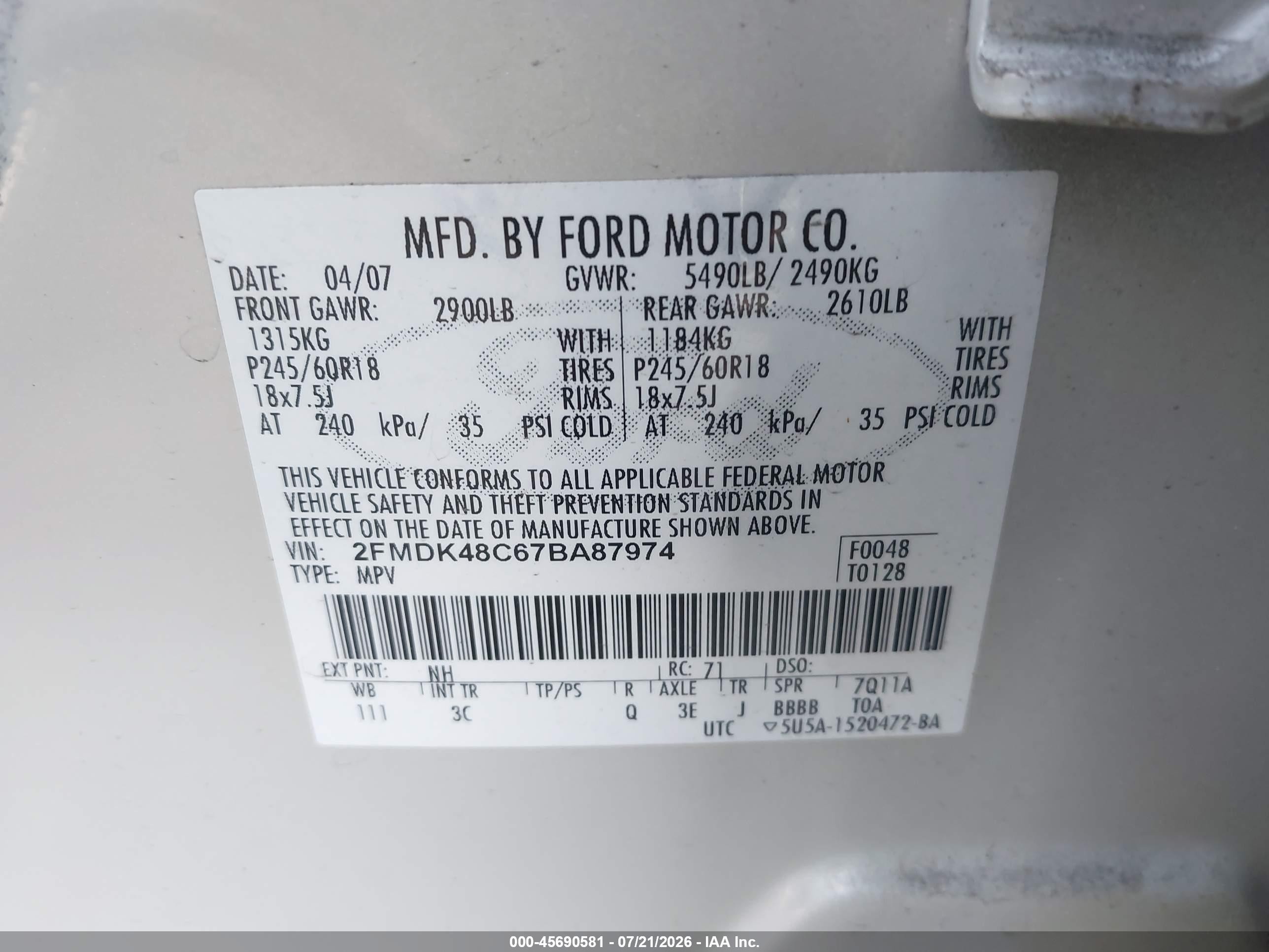 2007 Ford Edge Sel Кремовый vin: 2FMDK48C67BA87974