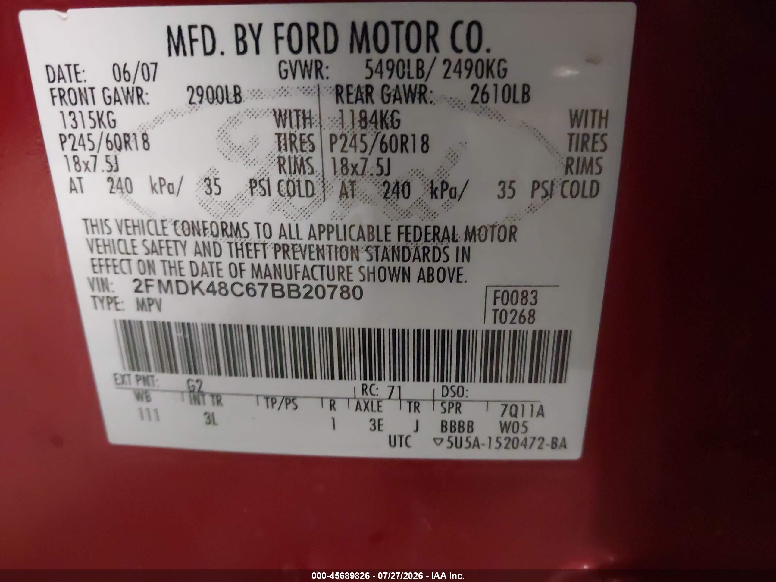 2007 Ford Edge Sel Red vin: 2FMDK48C67BB20780