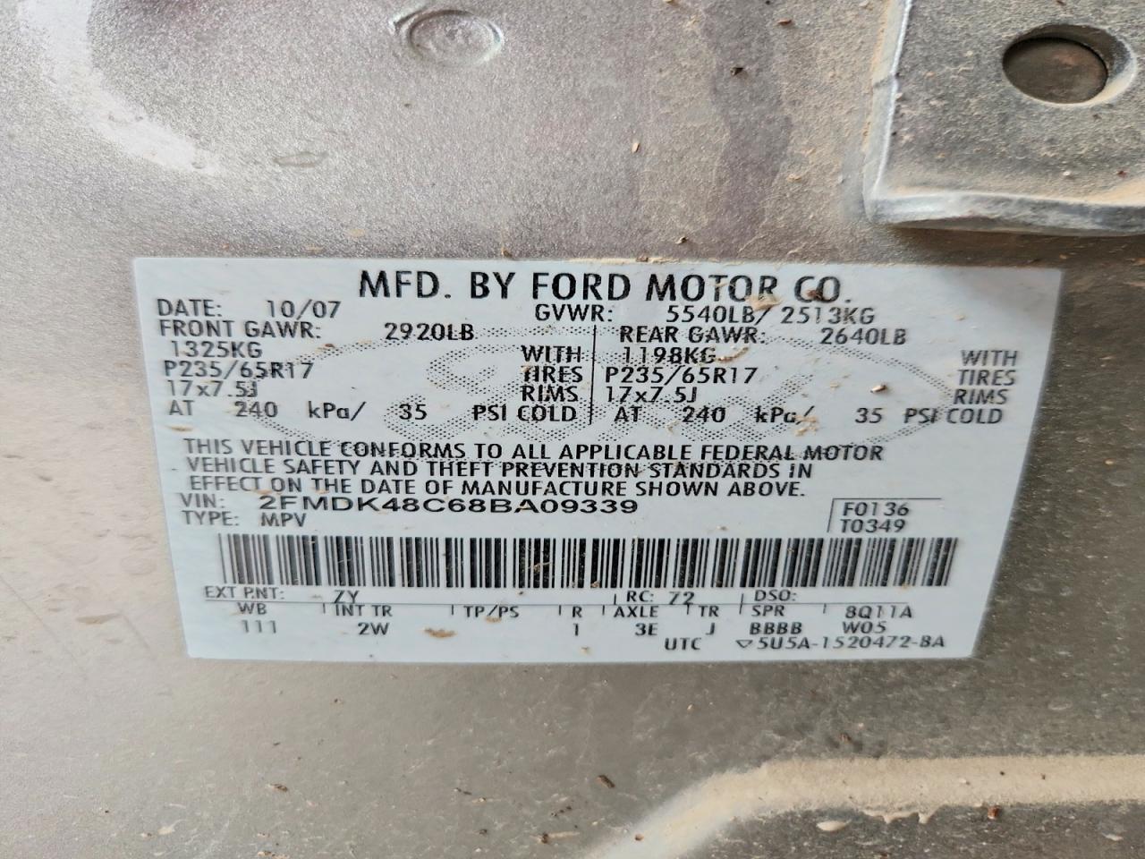 2008 Ford Edge Sel Gray vin: 2FMDK48C68BA09339