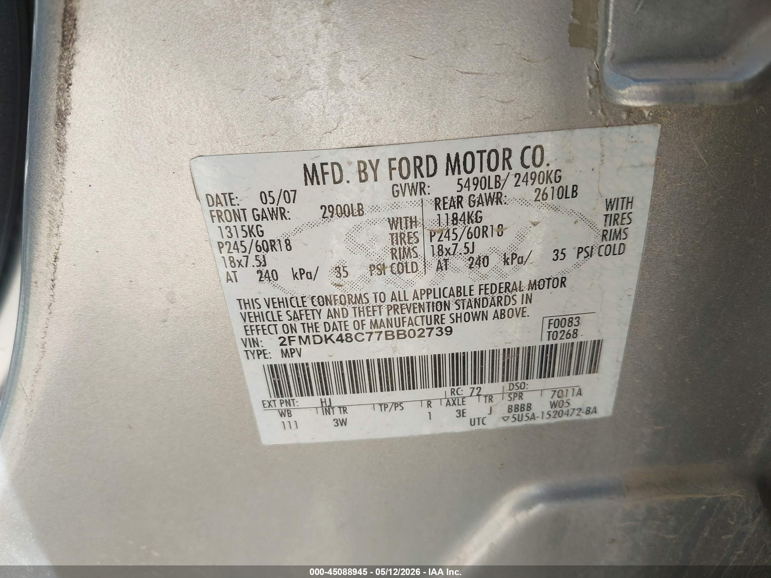 2007 Ford Edge Sel Silver vin: 2FMDK48C77BB02739