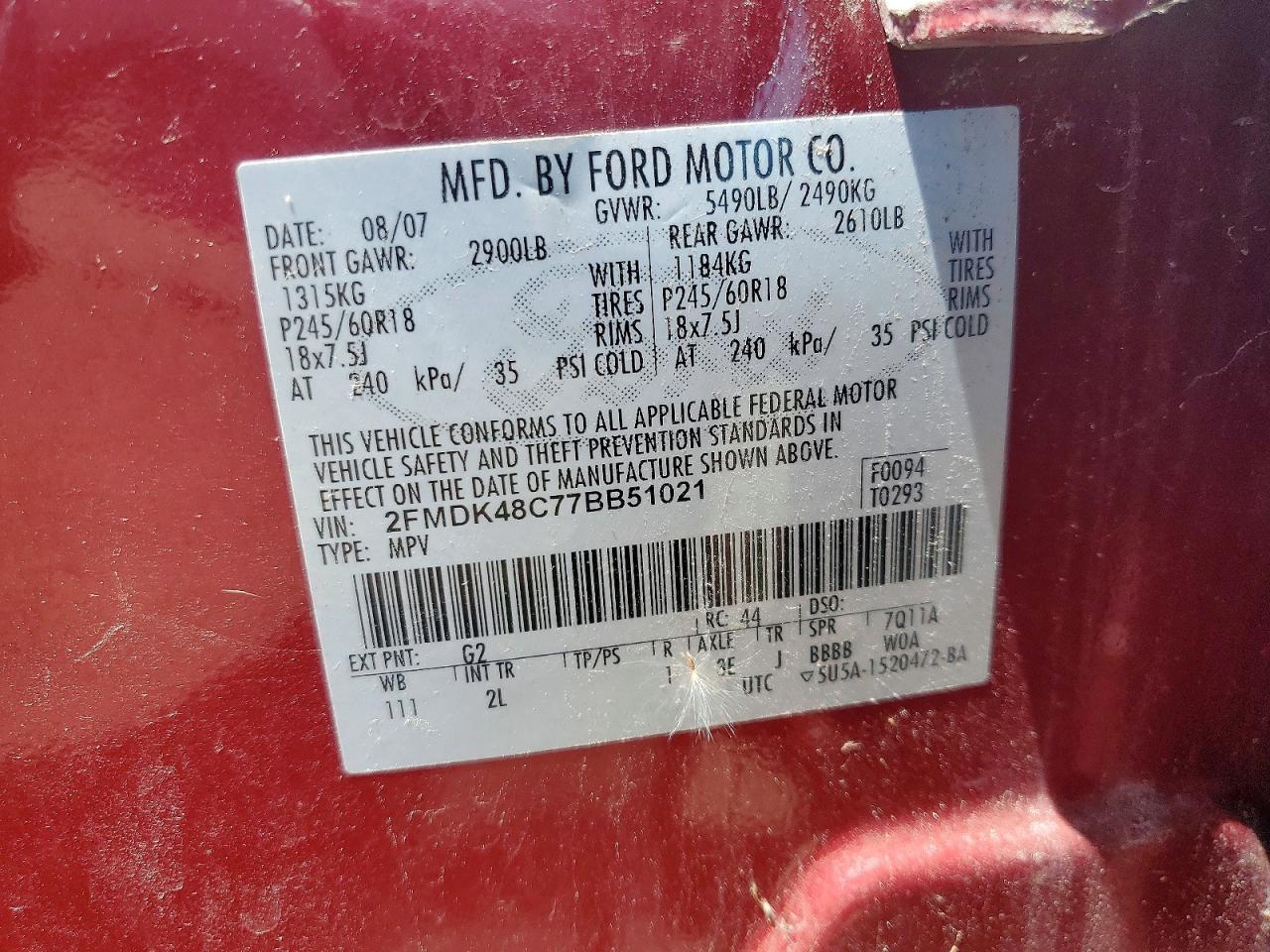 2007 Ford Edge Sel Red vin: 2FMDK48C77BB51021