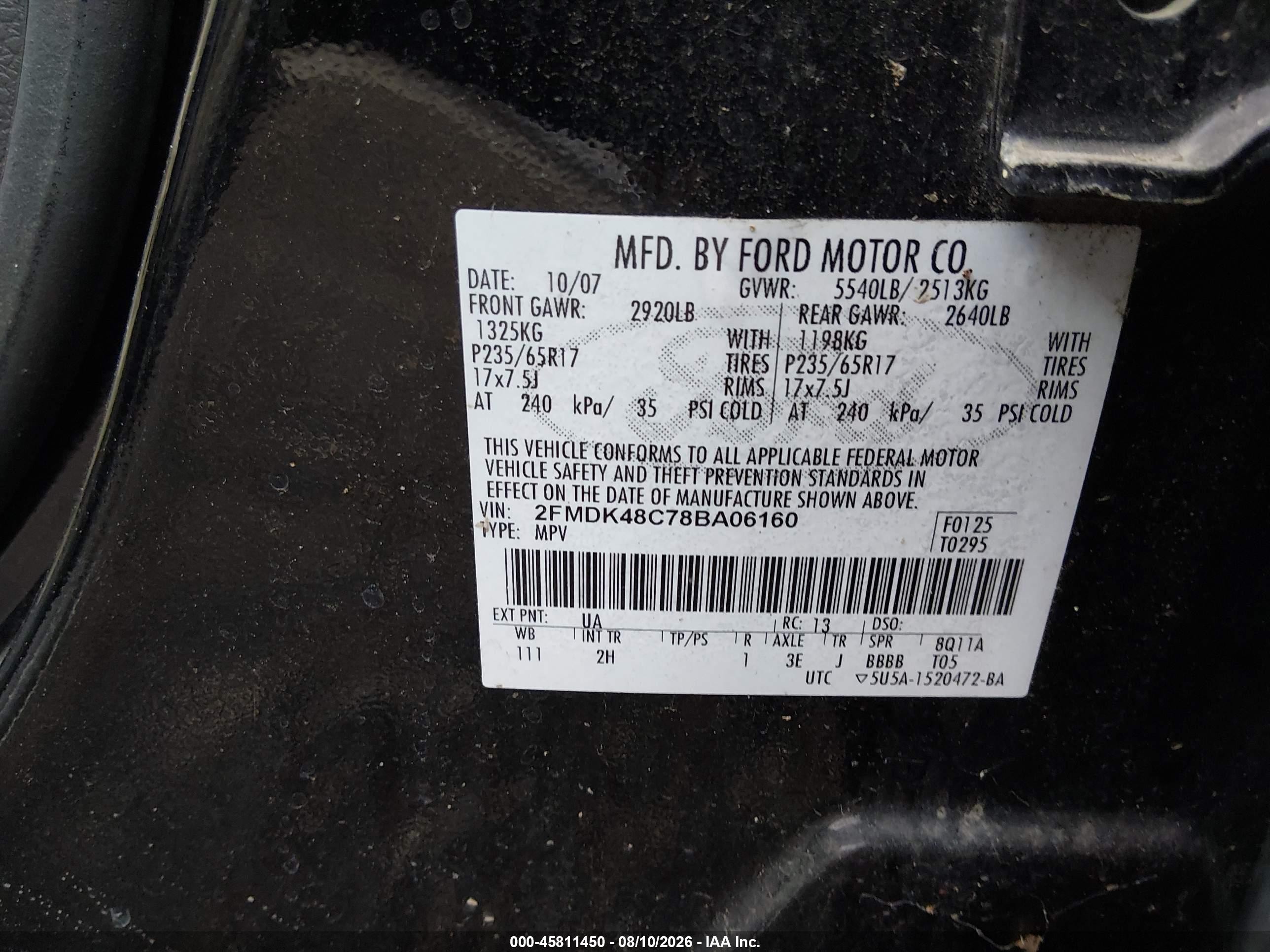 2008 Ford Edge Sel Black vin: 2FMDK48C78BA06160