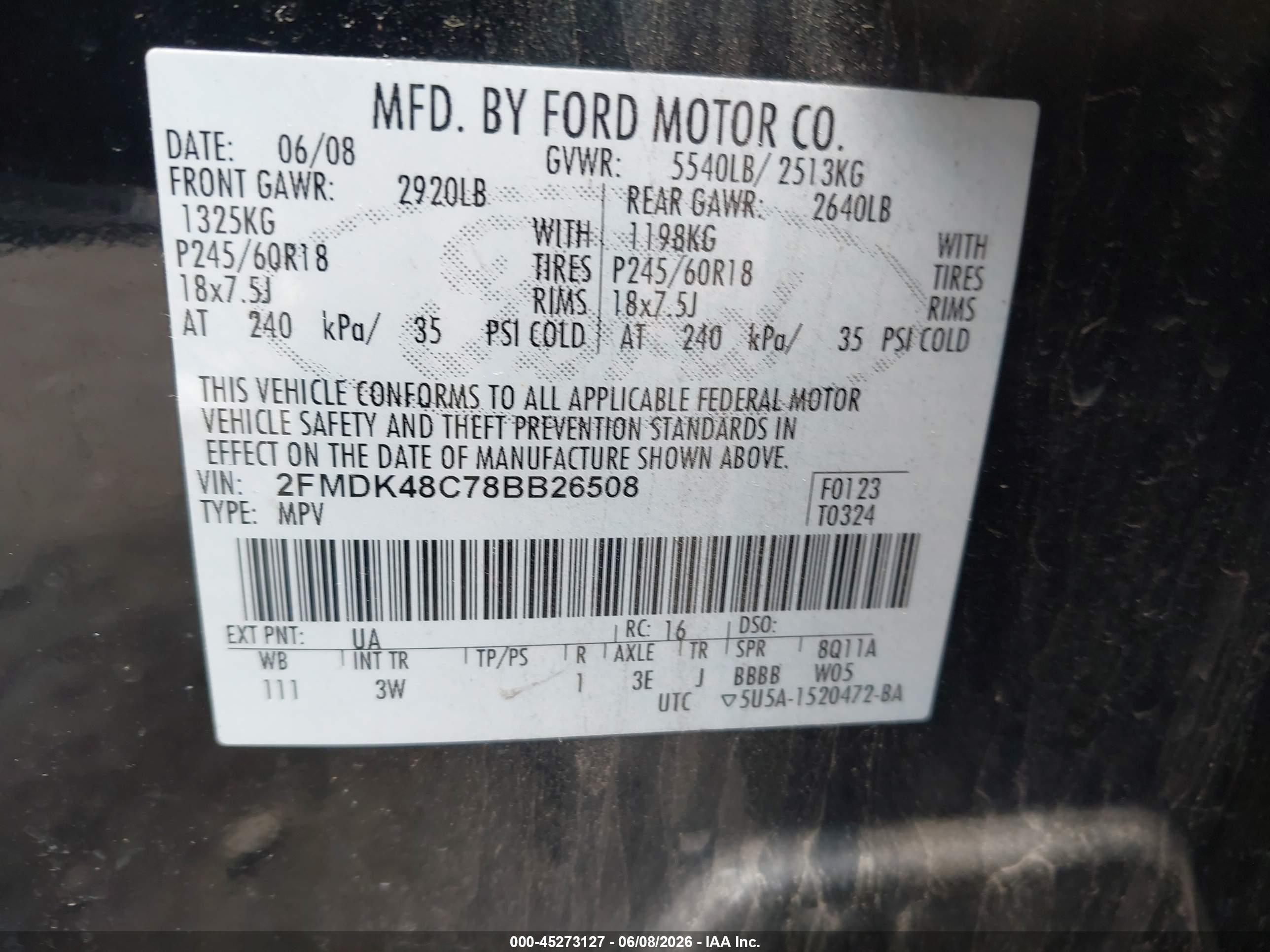 2008 Ford Edge Sel Black vin: 2FMDK48C78BB26508