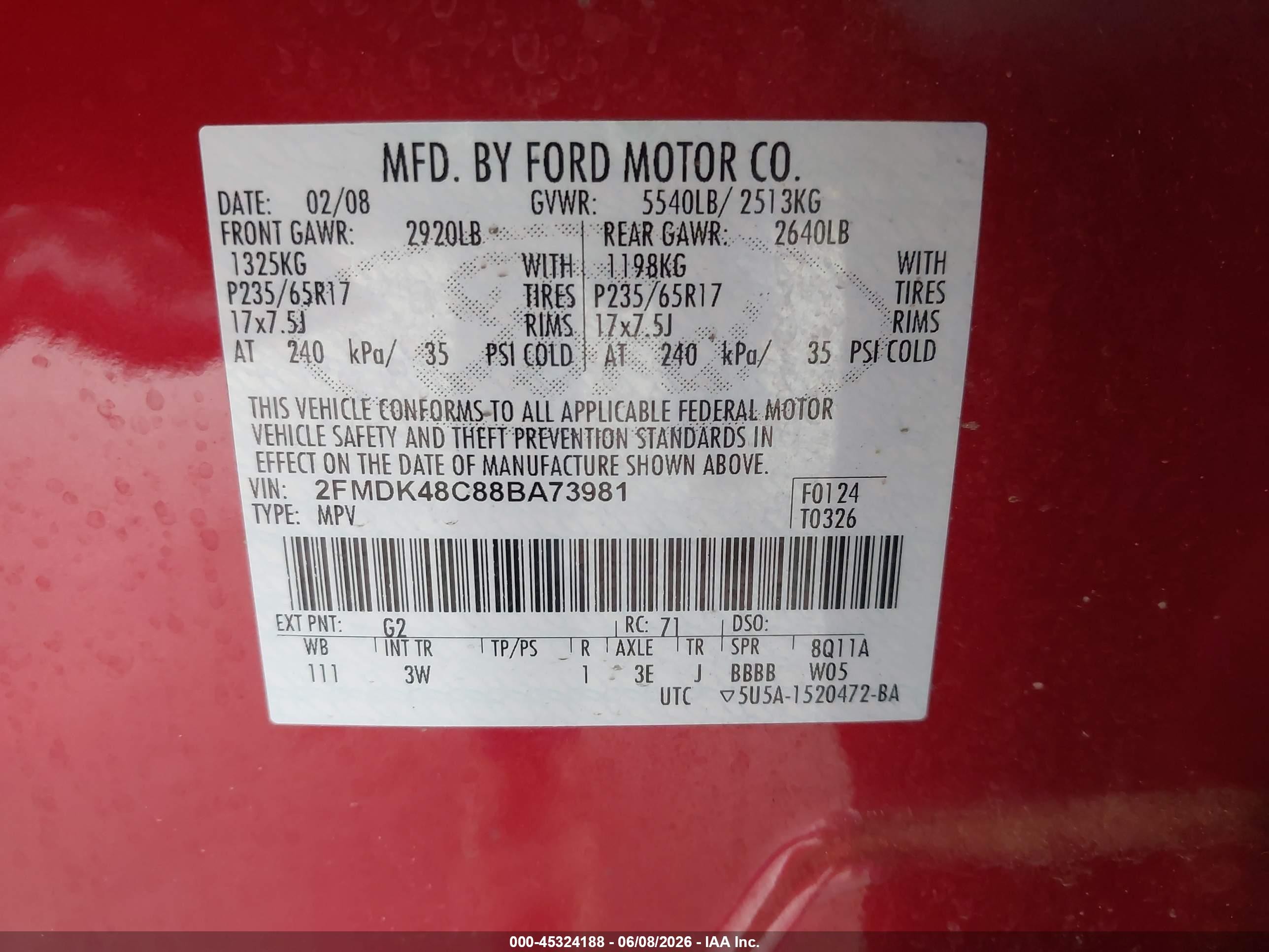 2008 Ford Edge Sel Red vin: 2FMDK48C88BA73981