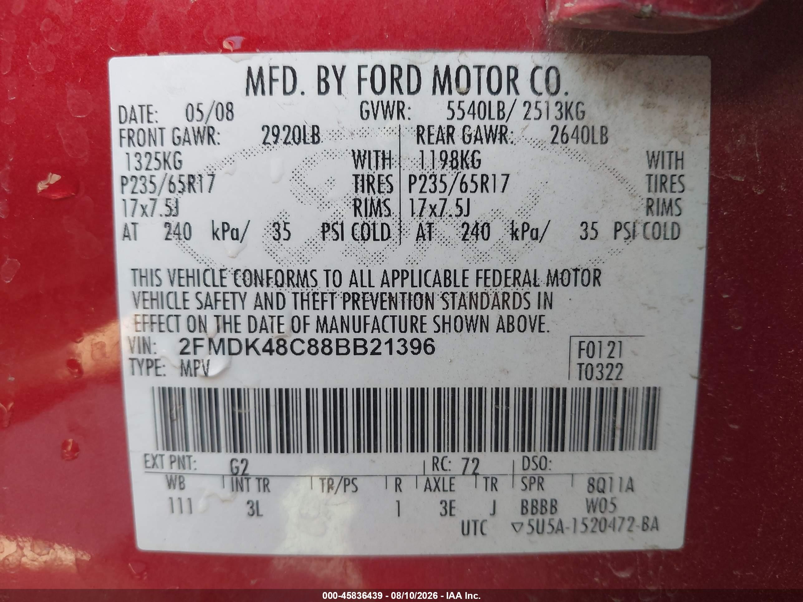 2008 Ford Edge Sel Red vin: 2FMDK48C88BB21396