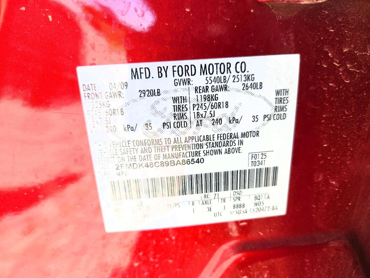 2009 Ford Edge Sel Red vin: 2FMDK48C89BA86540