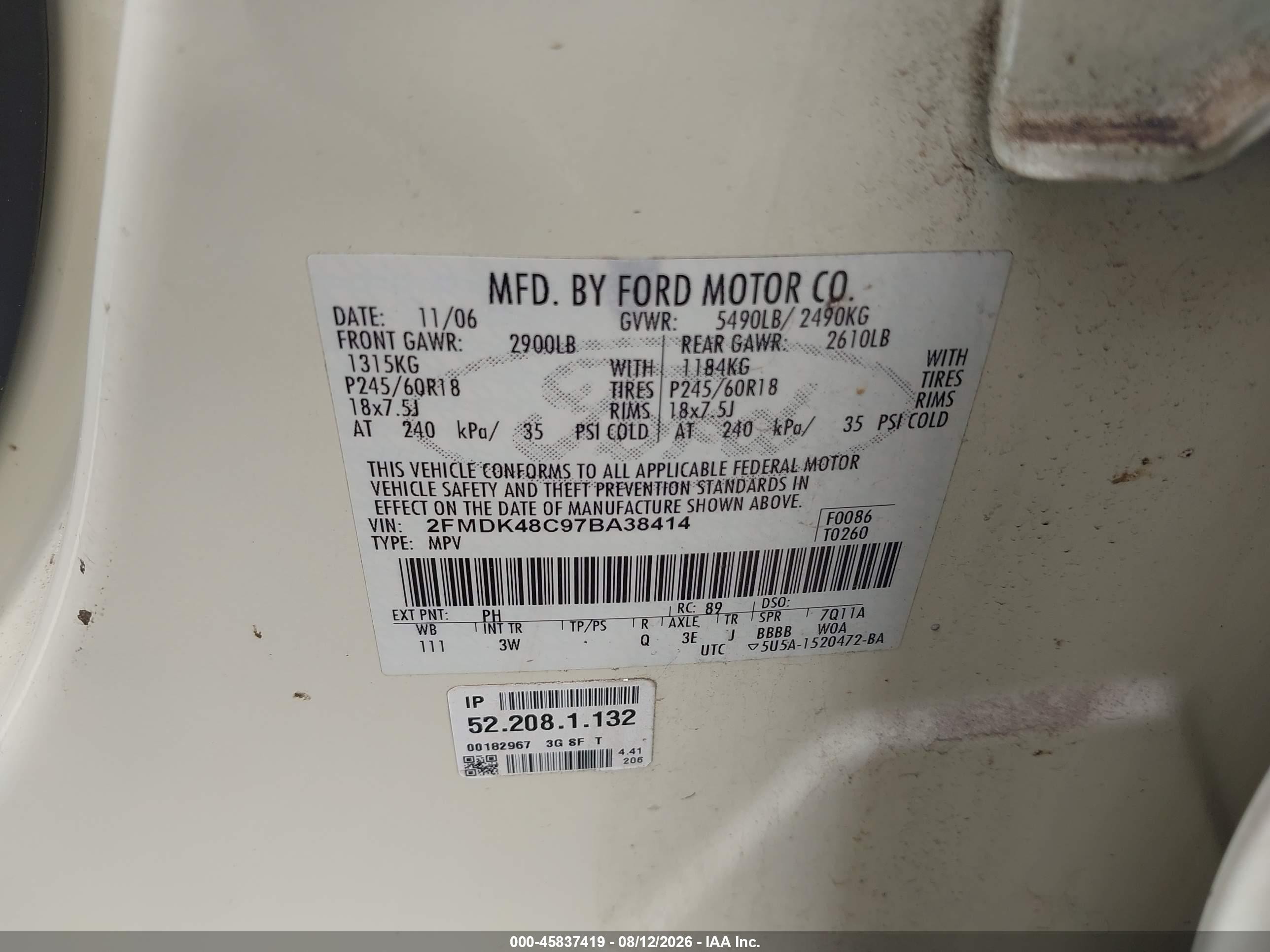 2007 Ford Edge Sel White vin: 2FMDK48C97BA38414