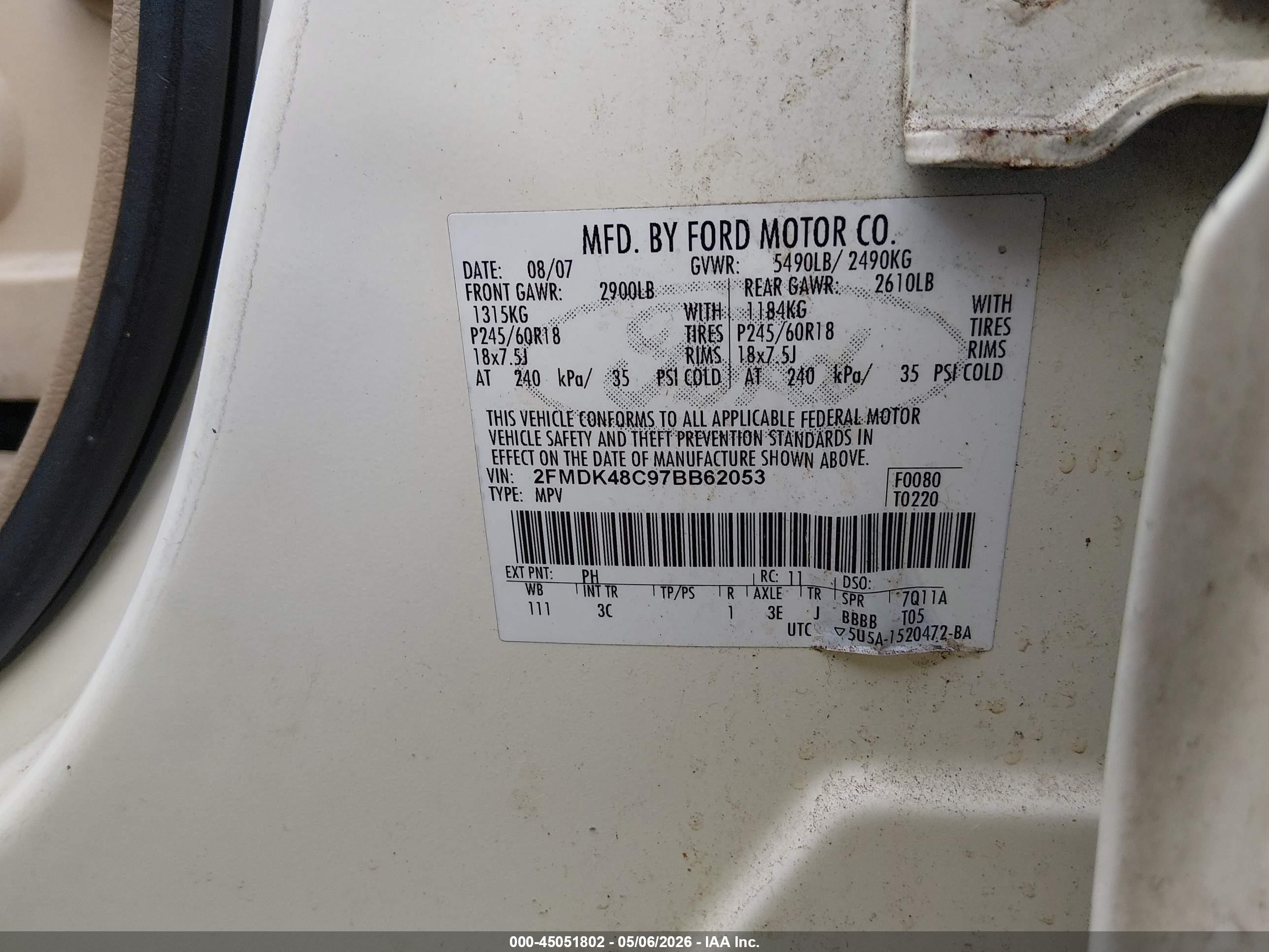 2007 Ford Edge Sel White vin: 2FMDK48C97BB62053