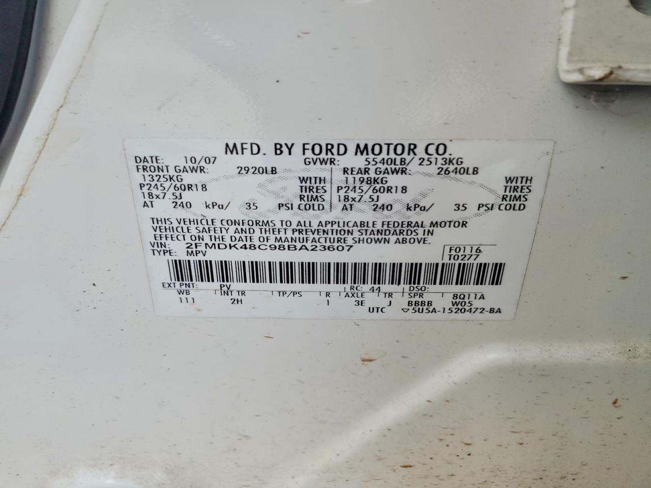 2008 Ford Edge Sel White vin: 2FMDK48C98BA23607