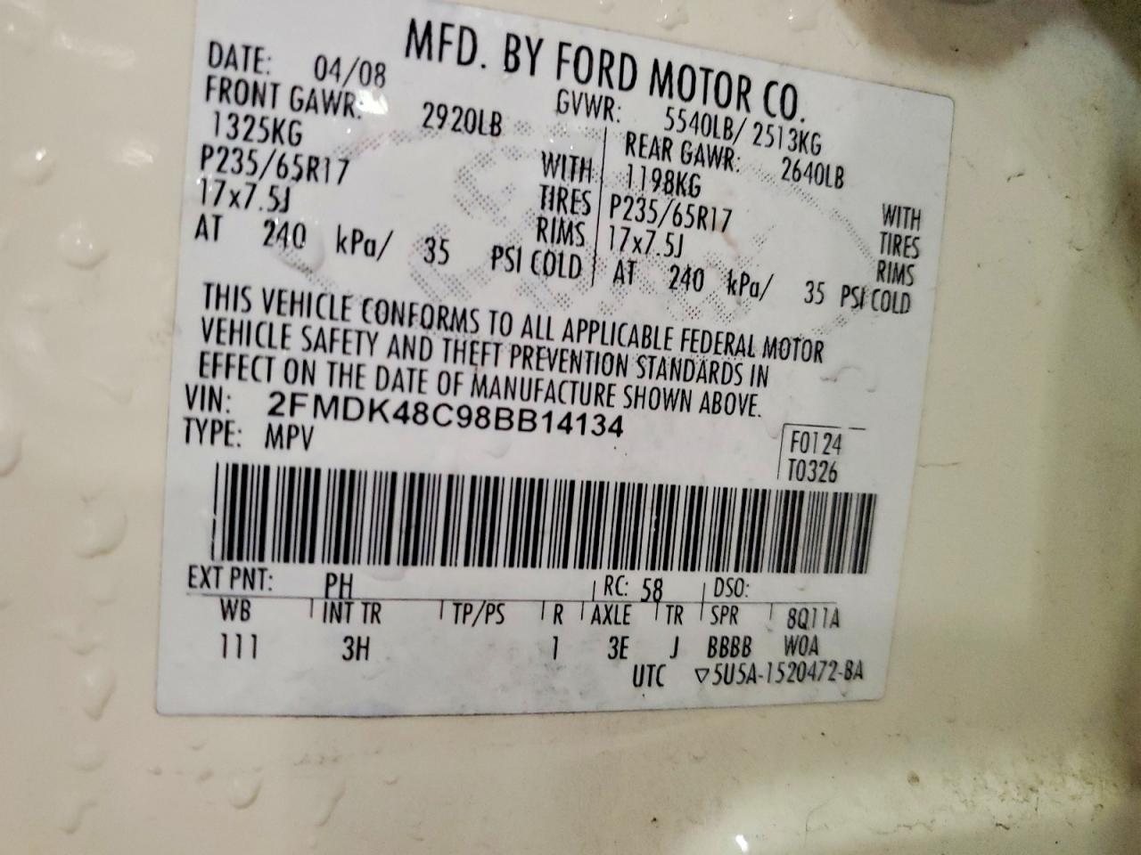2008 Ford Edge Sel Cream vin: 2FMDK48C98BB14134