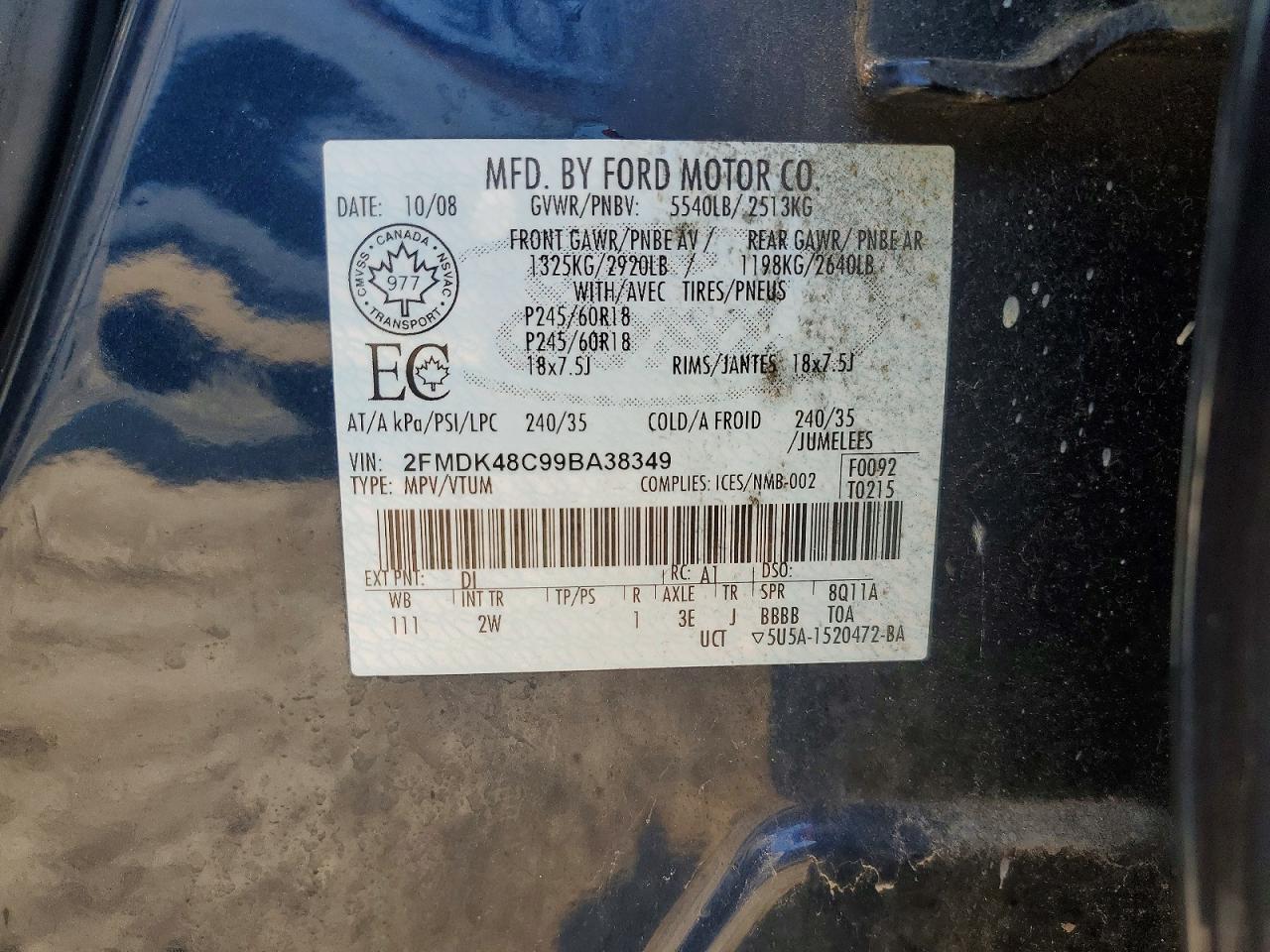 2009 Ford Edge Sel Blue vin: 2FMDK48C99BA38349
