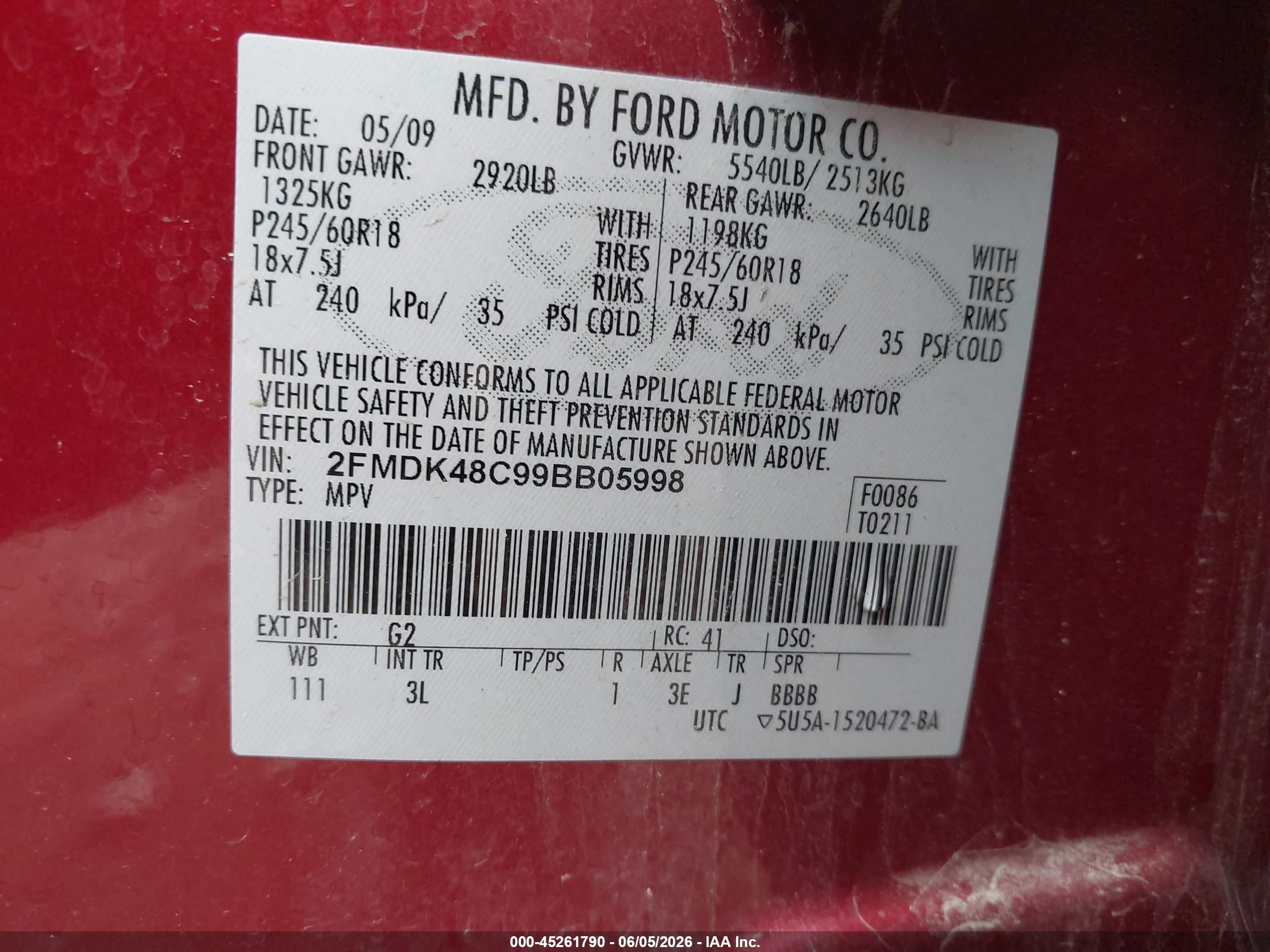 2009 Ford Edge Sel Red vin: 2FMDK48C99BB05998