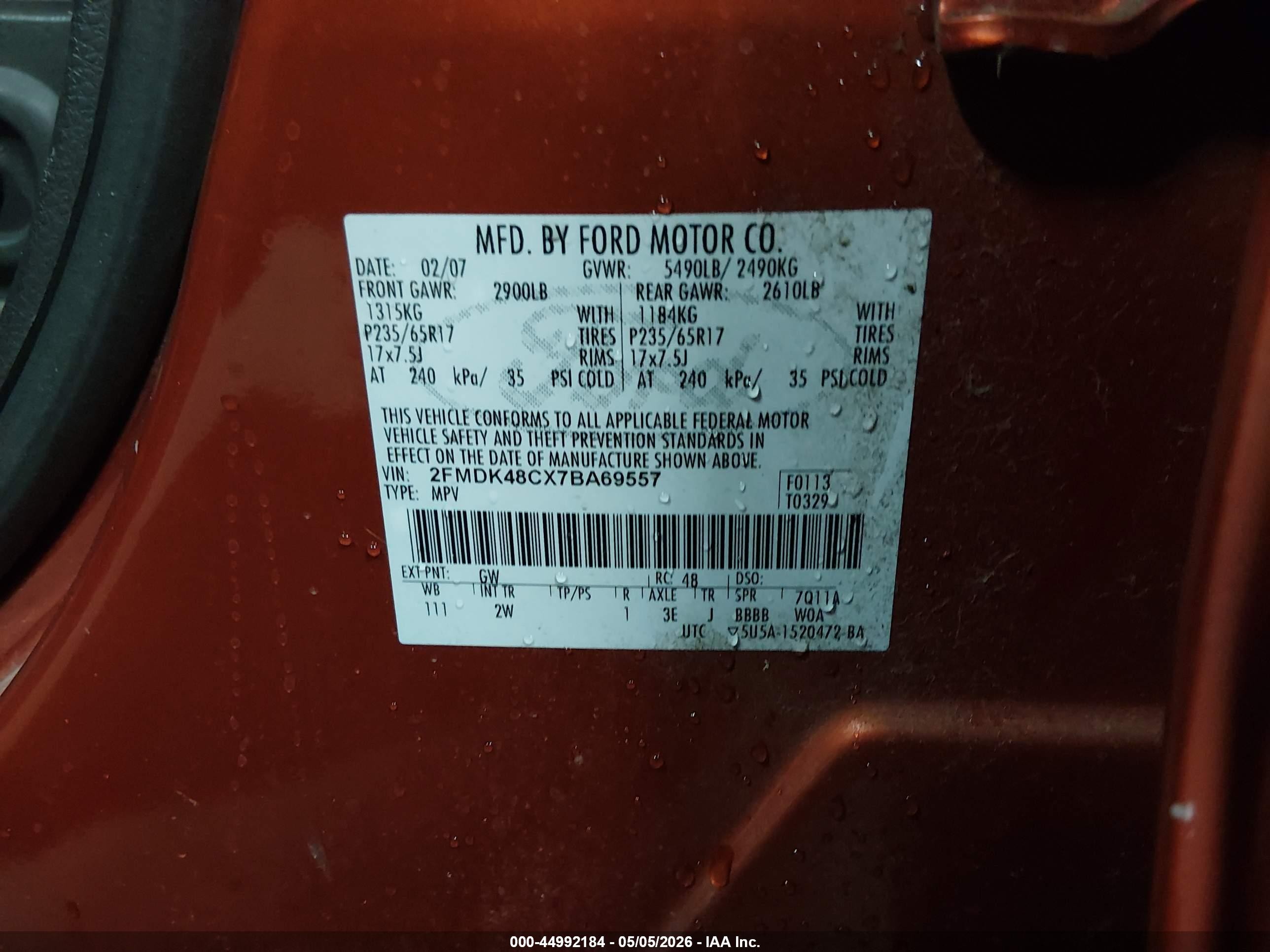 2007 Ford Edge Sel Orange vin: 2FMDK48CX7BA69557