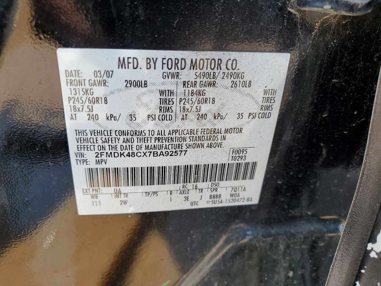 2007 Ford Edge Sel Charcoal vin: 2FMDK48CX7BA92577