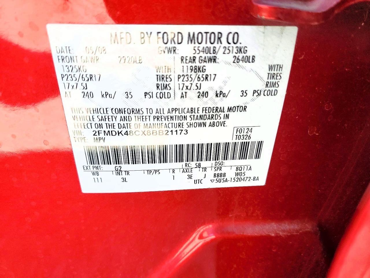 2008 Ford Edge Sel Red vin: 2FMDK48CX8BB21173