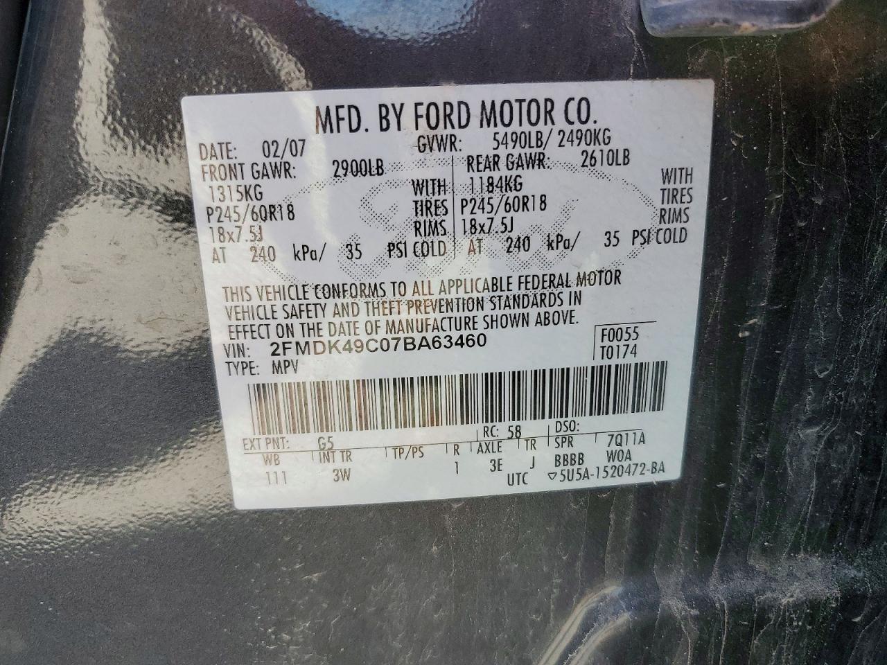 2007 Ford Edge Sel Plus Charcoal vin: 2FMDK49C07BA63460