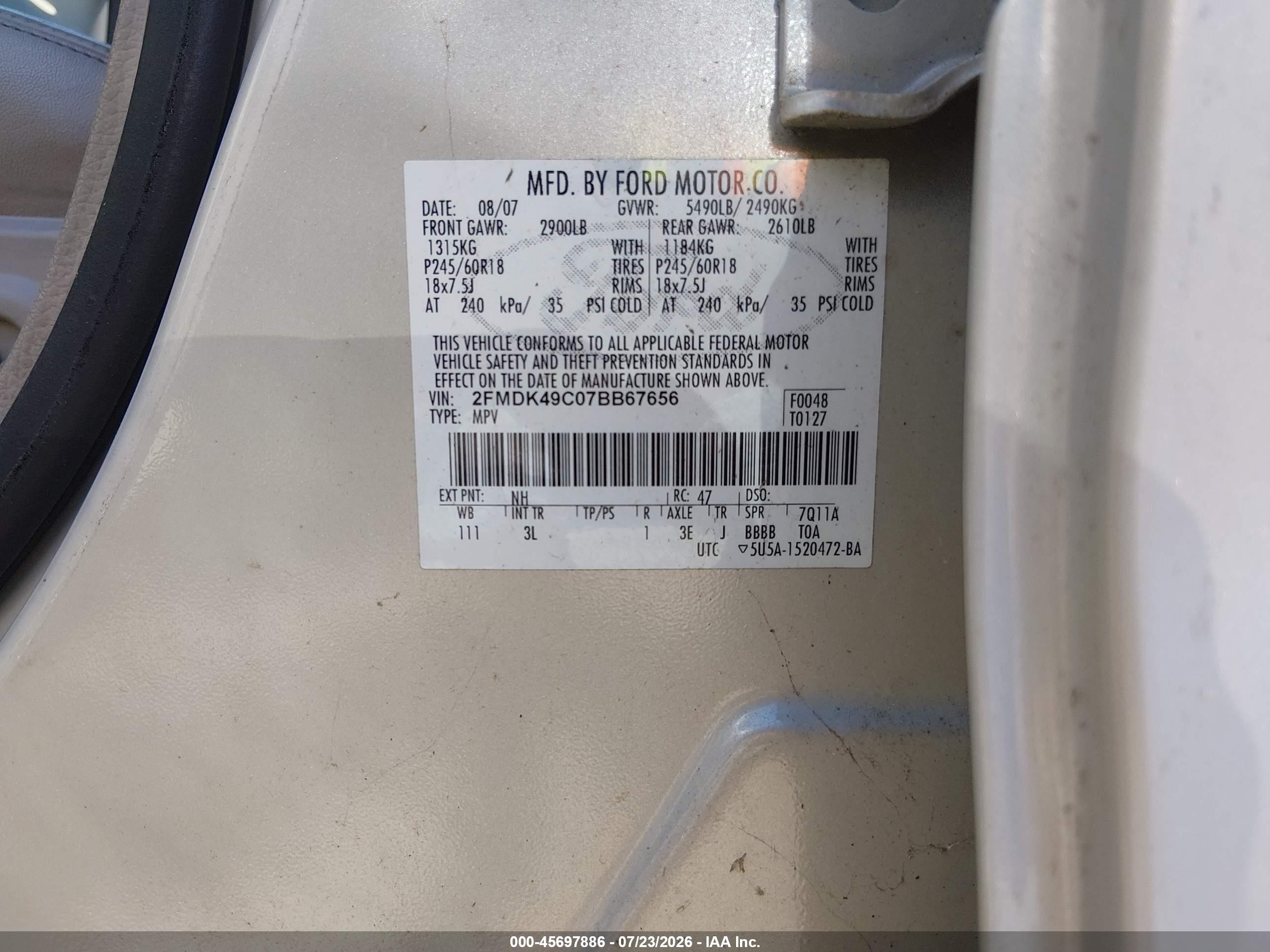 2007 Ford Edge Sel Plus Cream vin: 2FMDK49C07BB67656