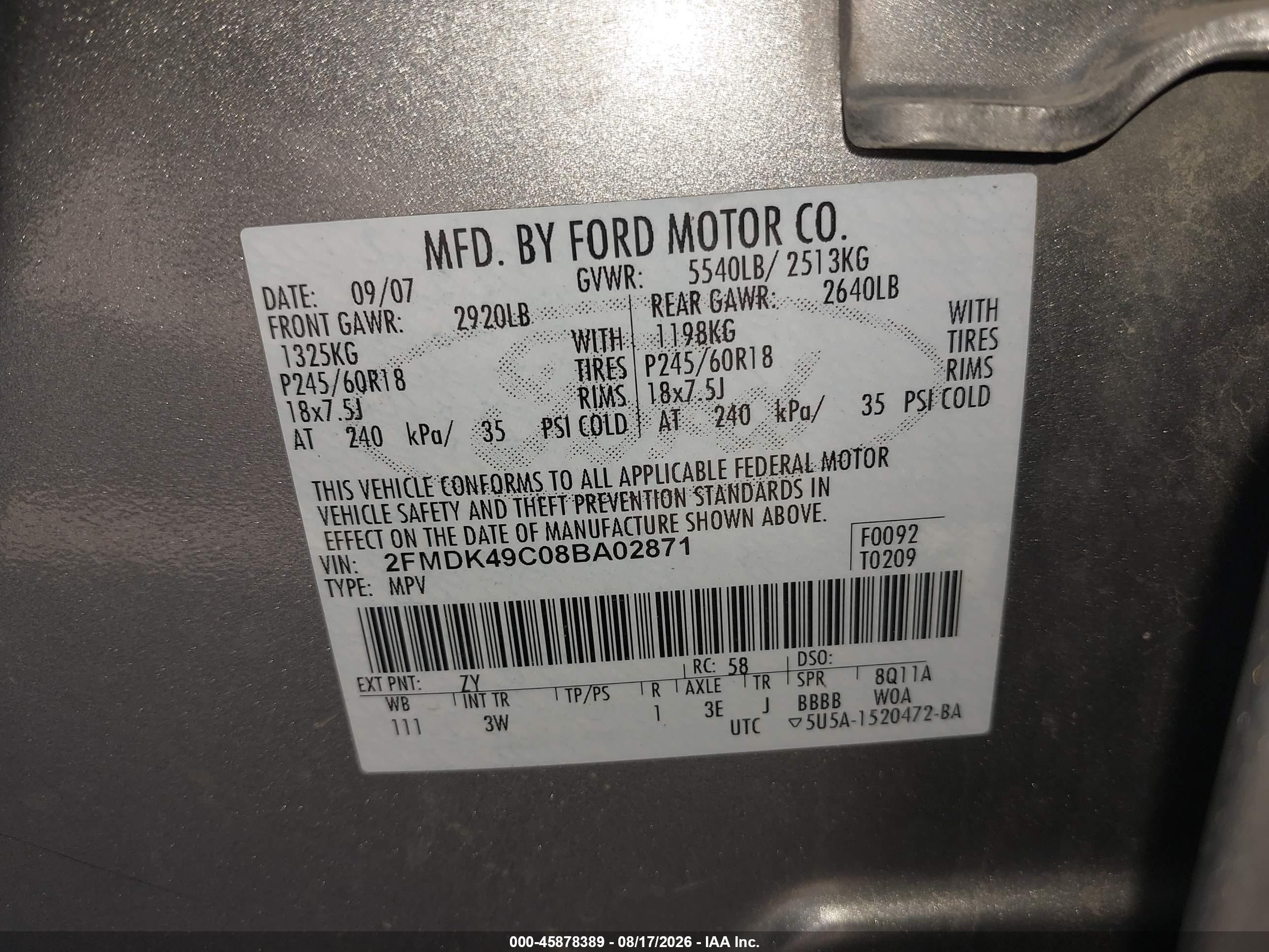 2008 Ford Edge Limited Gray vin: 2FMDK49C08BA02871