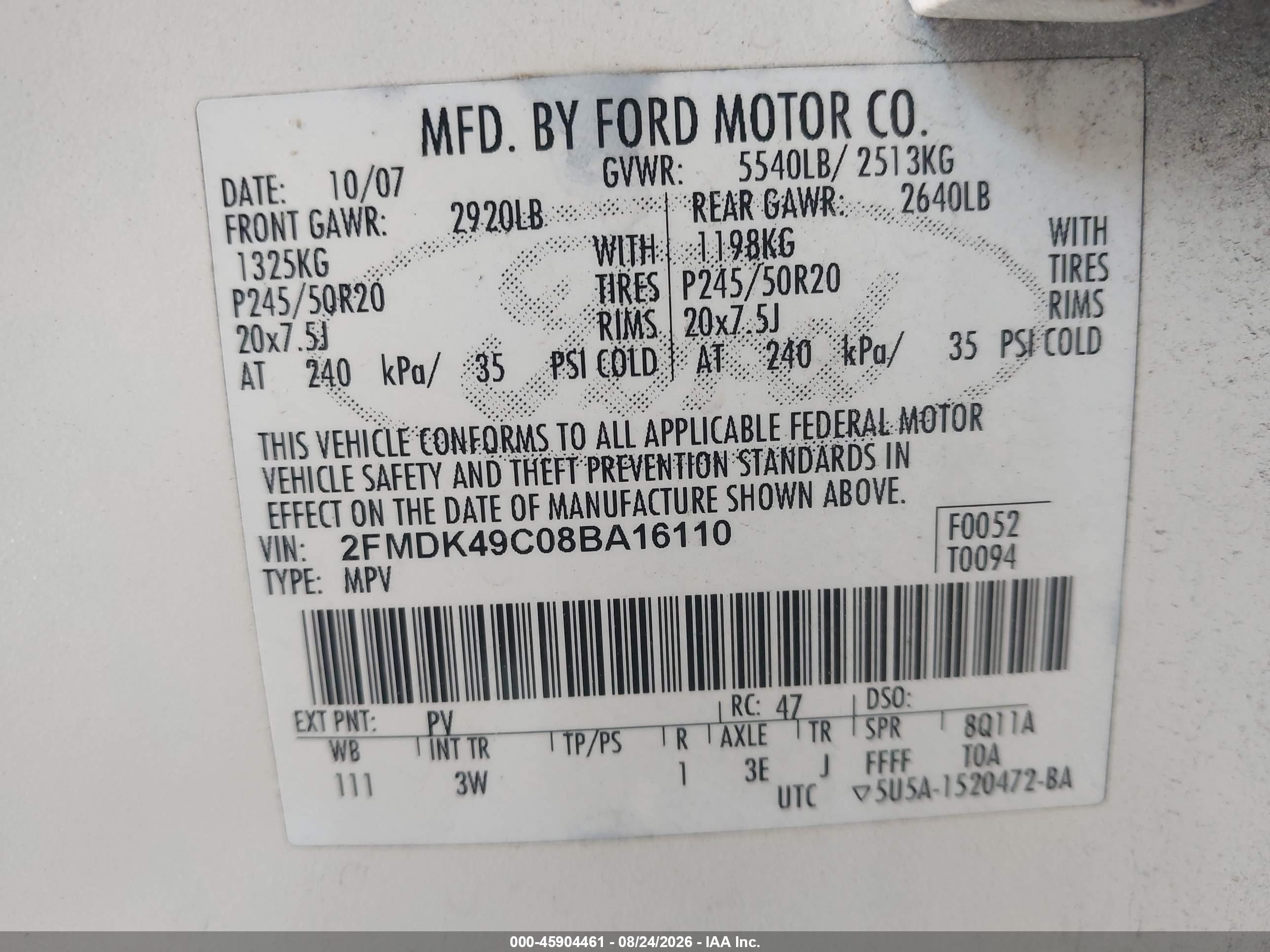 2008 Ford Edge Limited Белый vin: 2FMDK49C08BA16110
