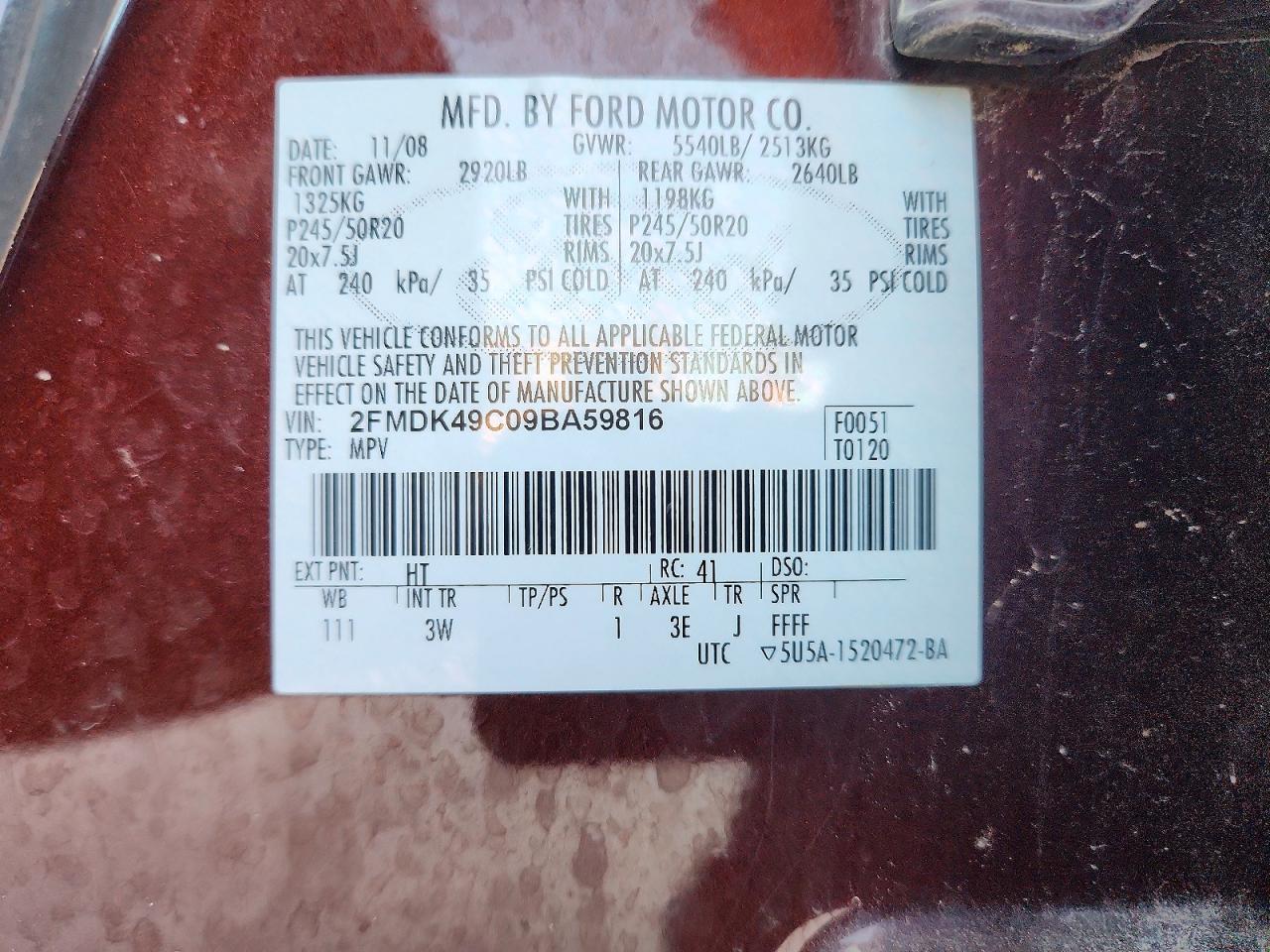 2009 Ford Edge Limited Burgundy vin: 2FMDK49C09BA59816