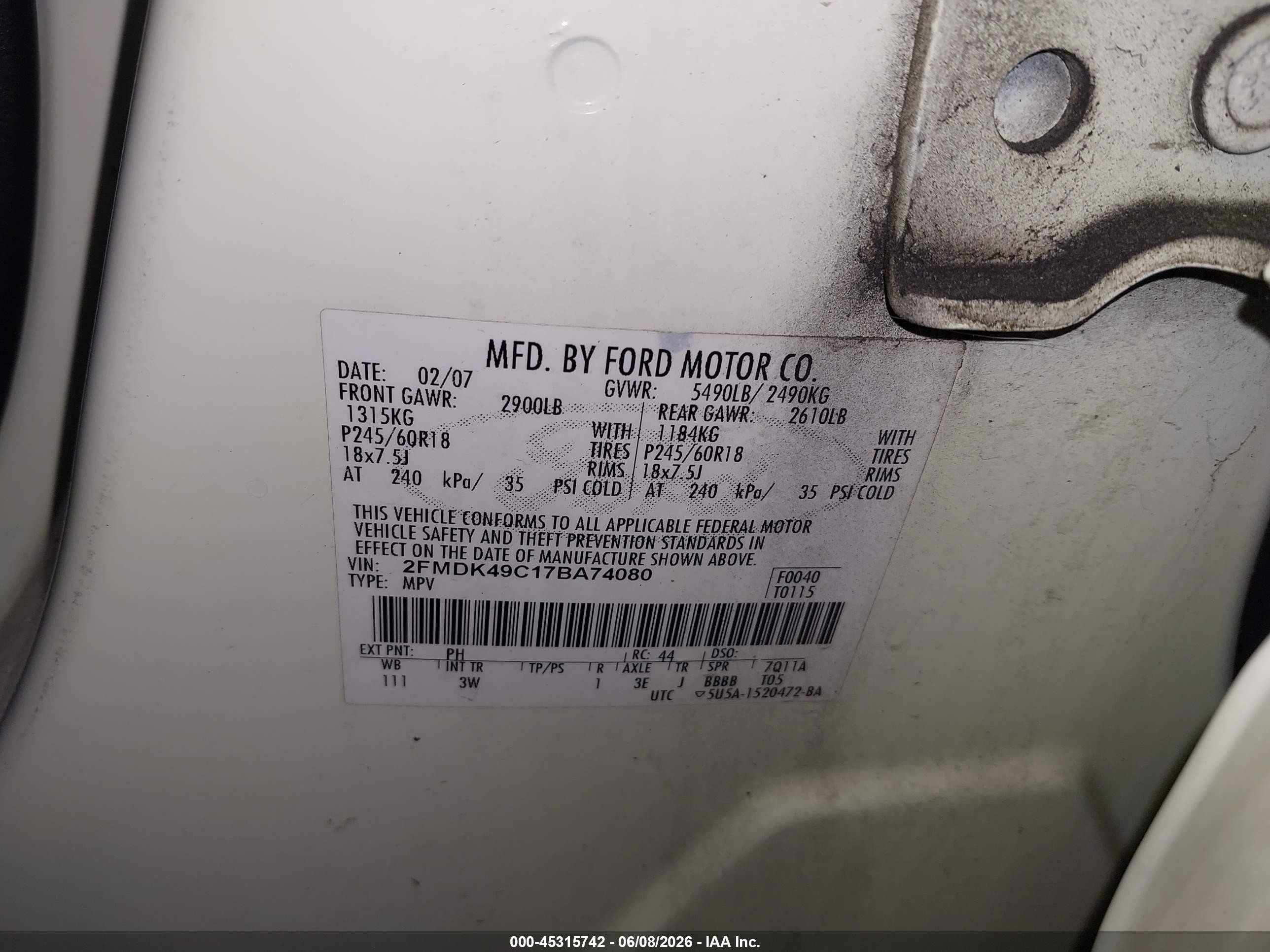 2007 Ford Edge Sel Plus Cream vin: 2FMDK49C17BA74080