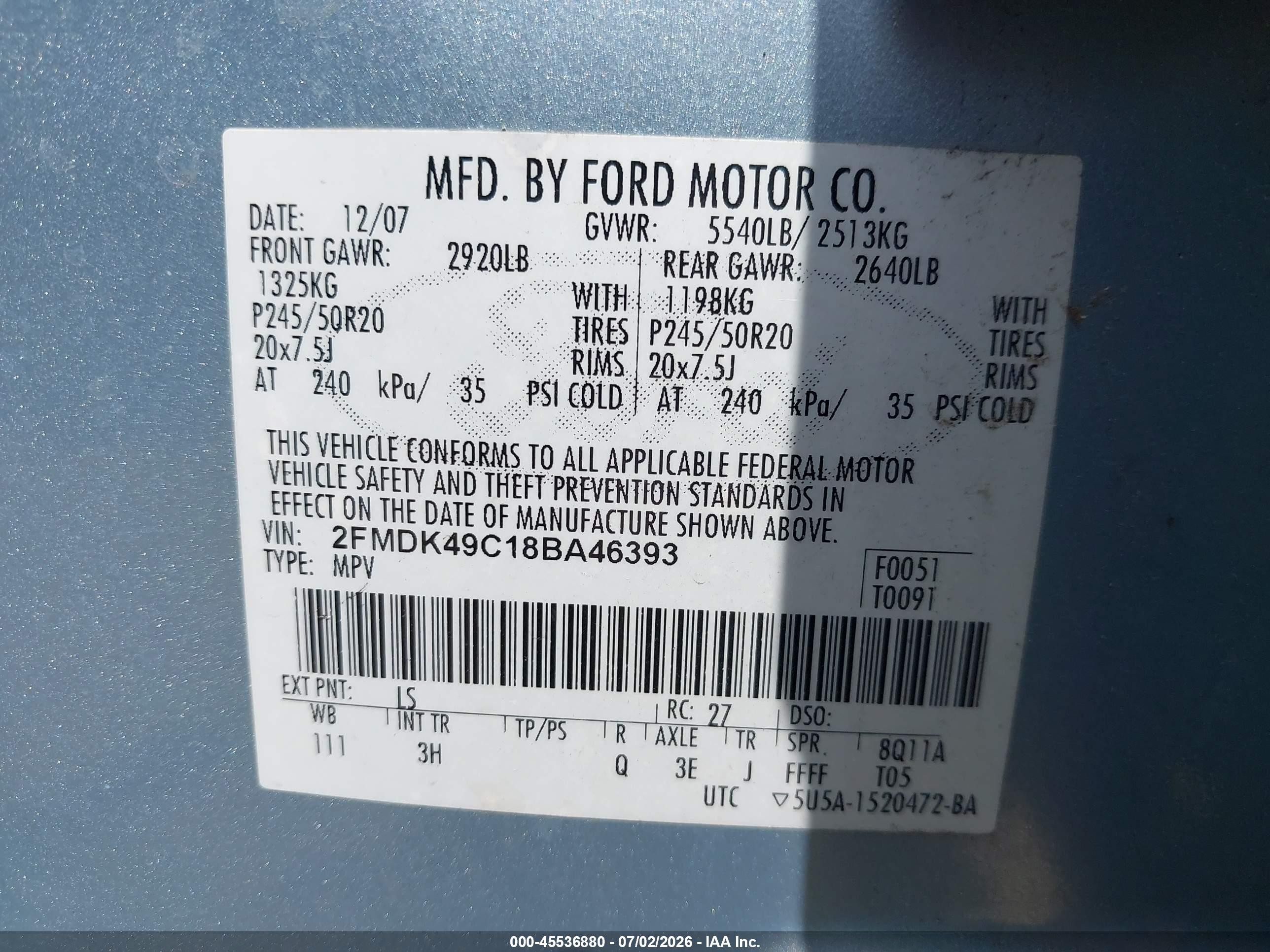 2008 Ford Edge Limited Light Blue vin: 2FMDK49C18BA46393