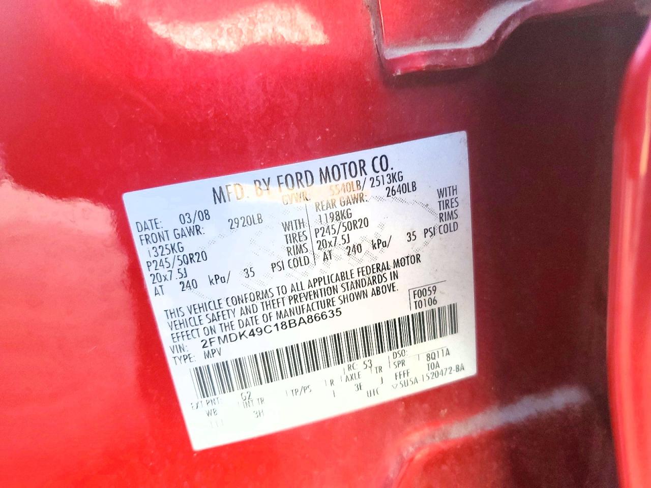 2008 Ford Edge Limited Red vin: 2FMDK49C18BA86635