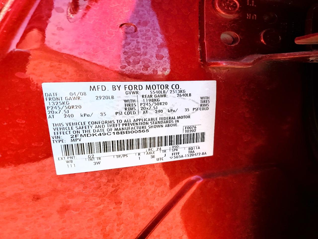 2008 Ford Edge Limited Red vin: 2FMDK49C18BB00565