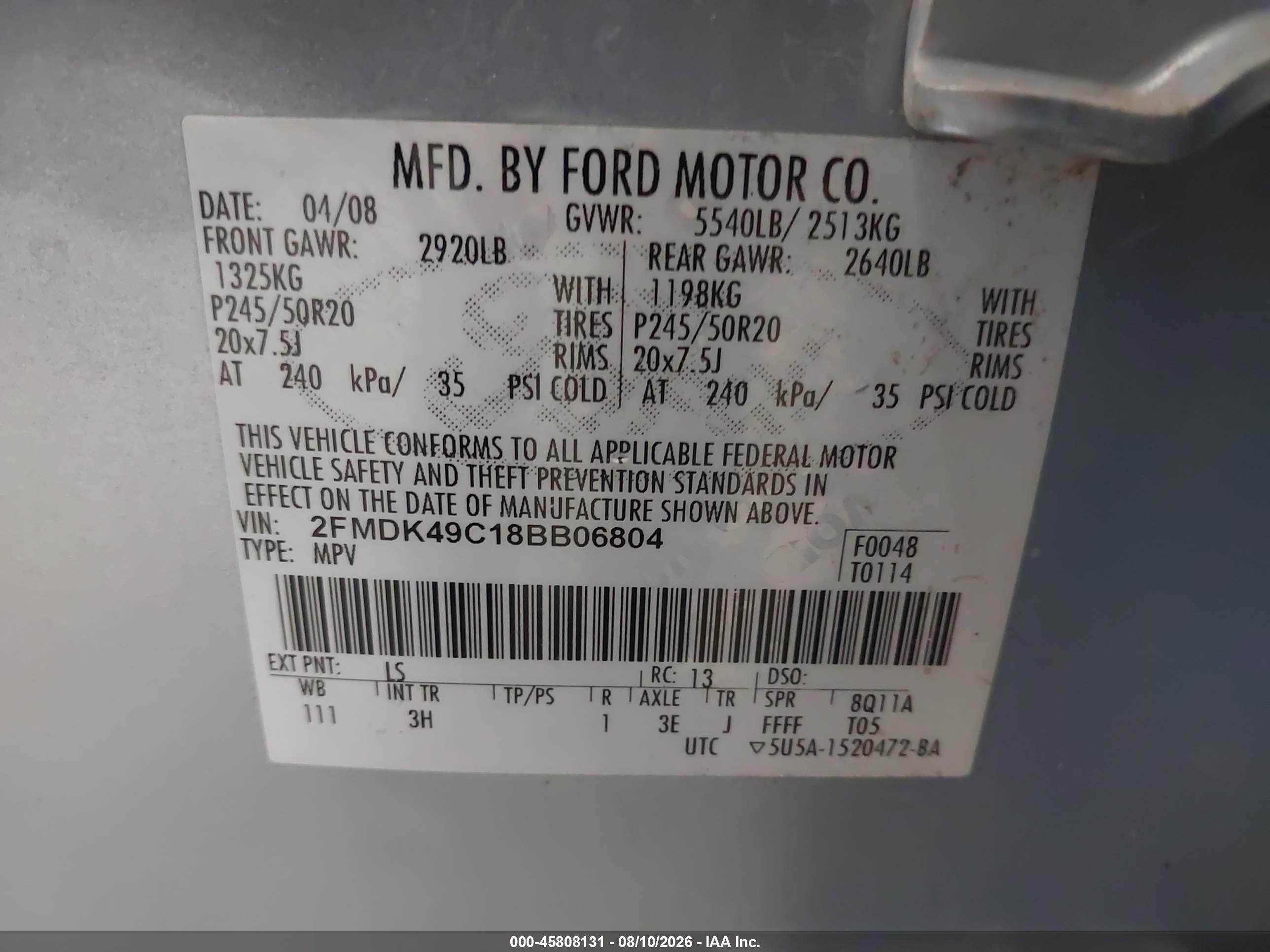 2008 Ford Edge Limited Light Blue vin: 2FMDK49C18BB06804