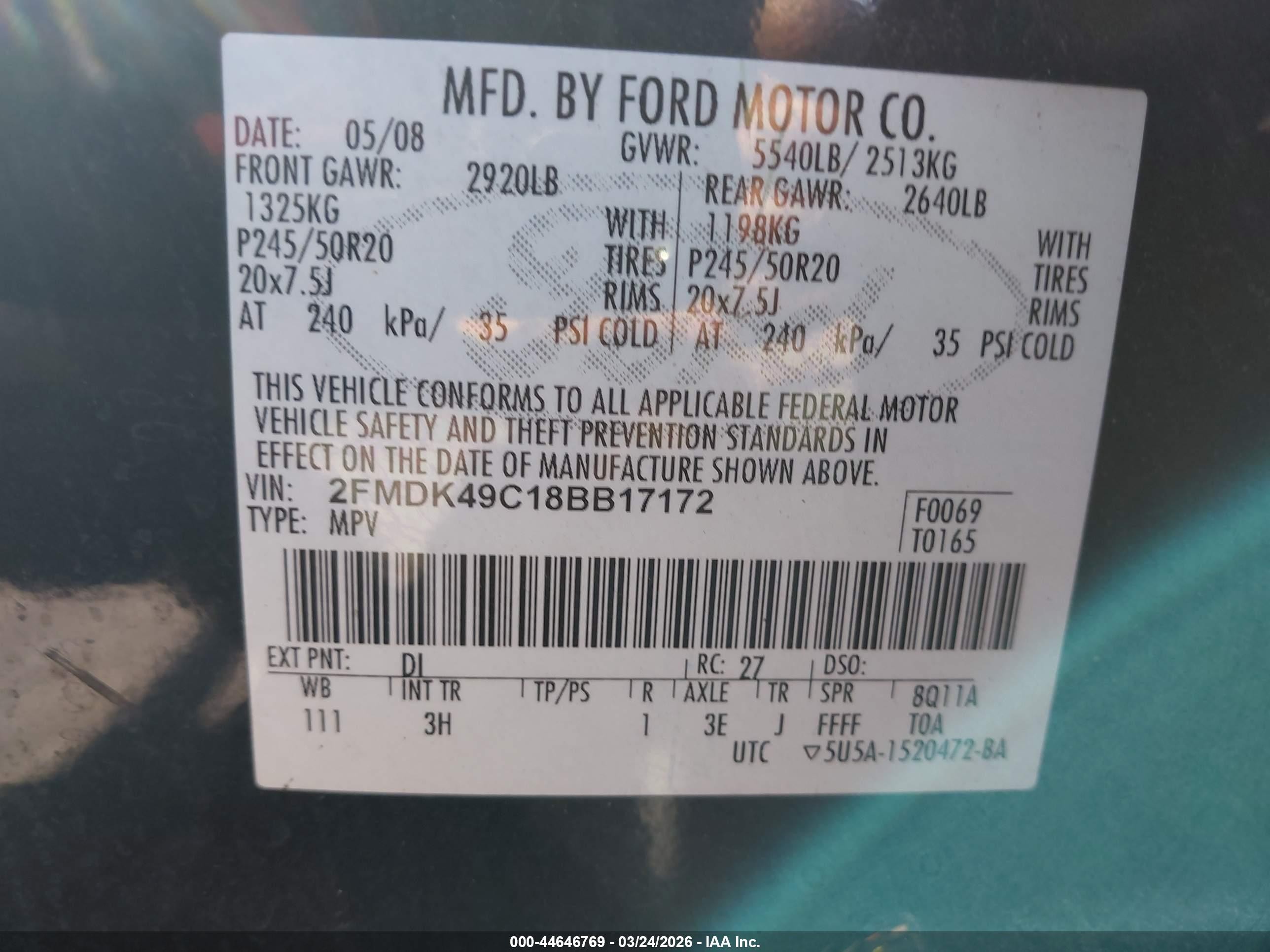 2008 Ford Edge Limited Blue vin: 2FMDK49C18BB17172