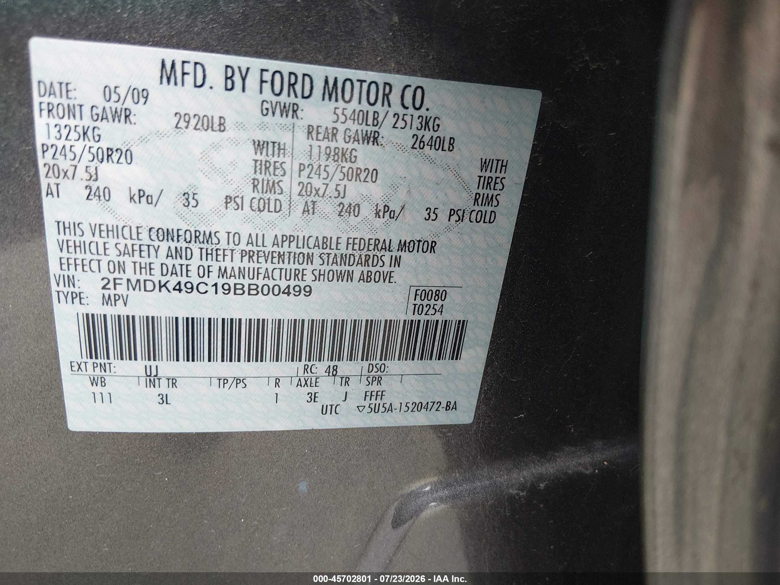 2009 Ford Edge Limited Gray vin: 2FMDK49C19BB00499