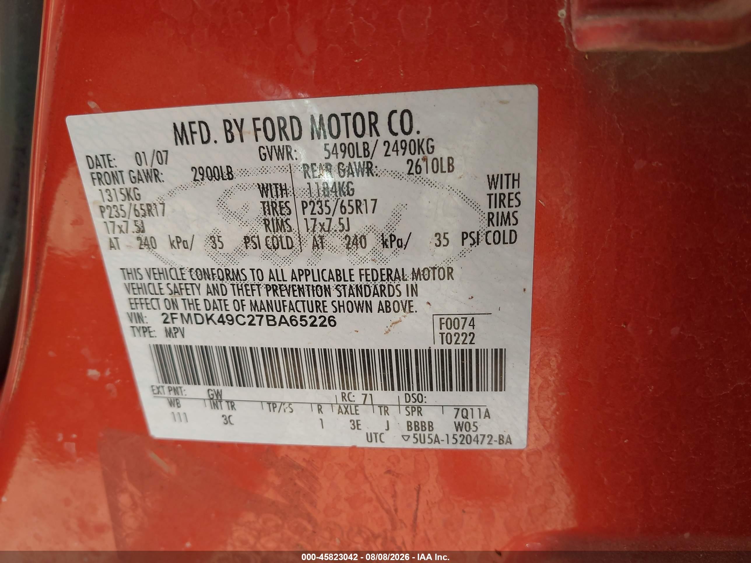 2007 Ford Edge Sel Plus Orange vin: 2FMDK49C27BA65226