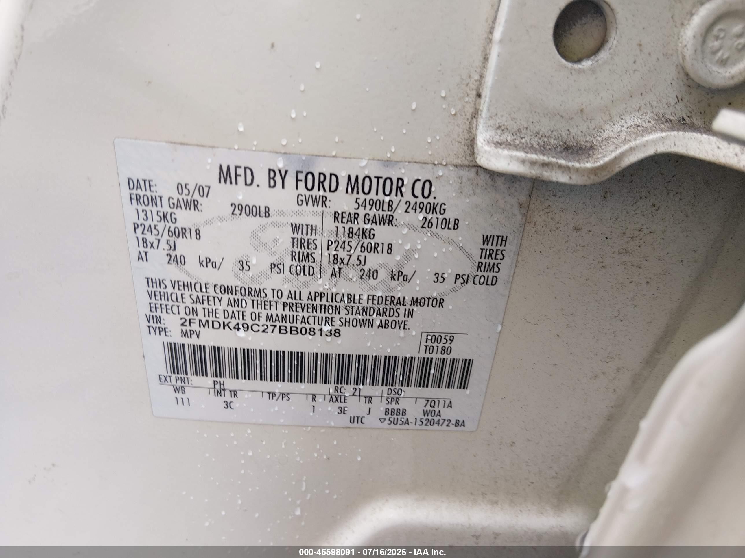 2007 Ford Edge Sel Plus White vin: 2FMDK49C27BB08138