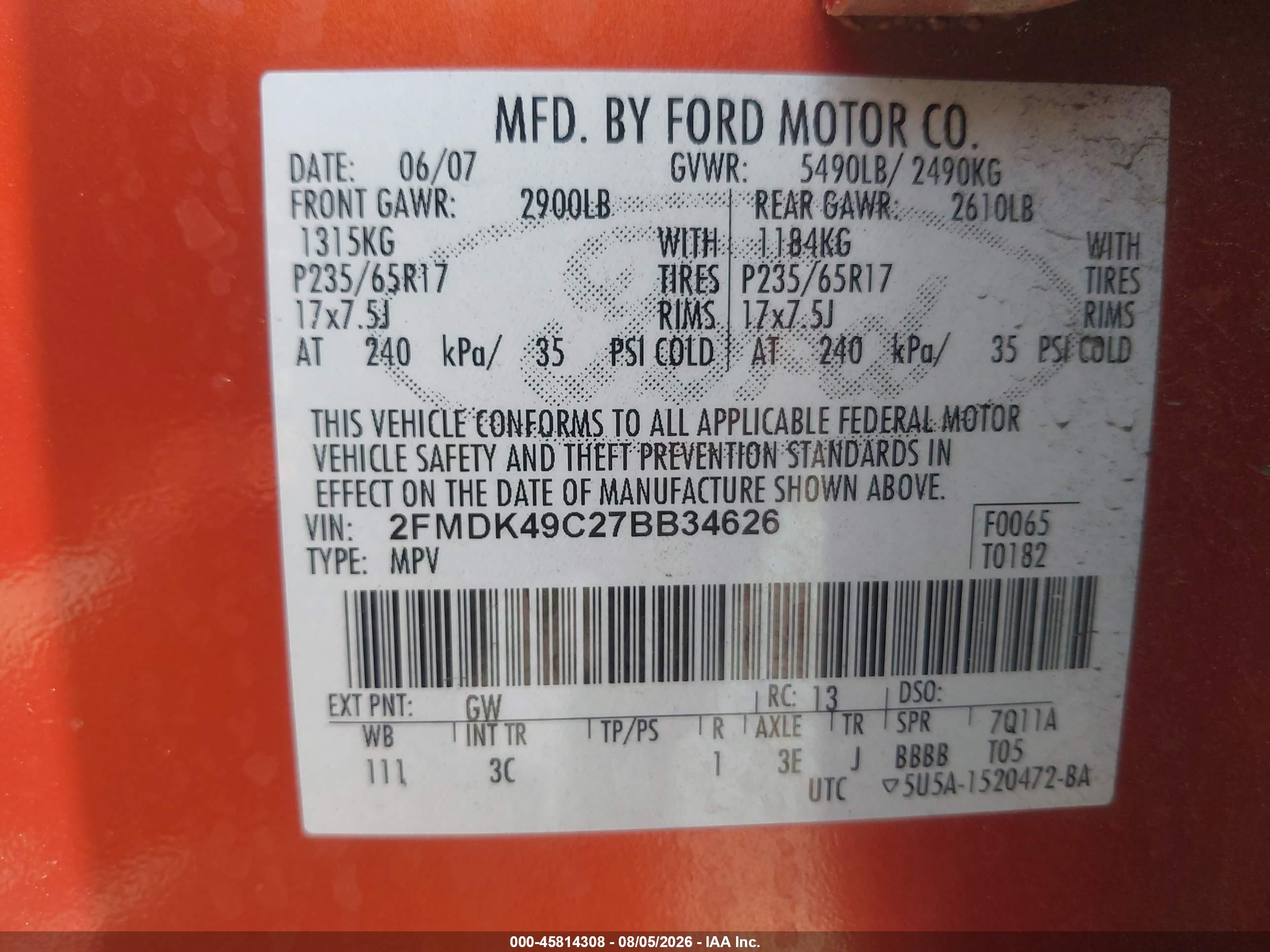 2007 Ford Edge Sel Plus Orange vin: 2FMDK49C27BB34626