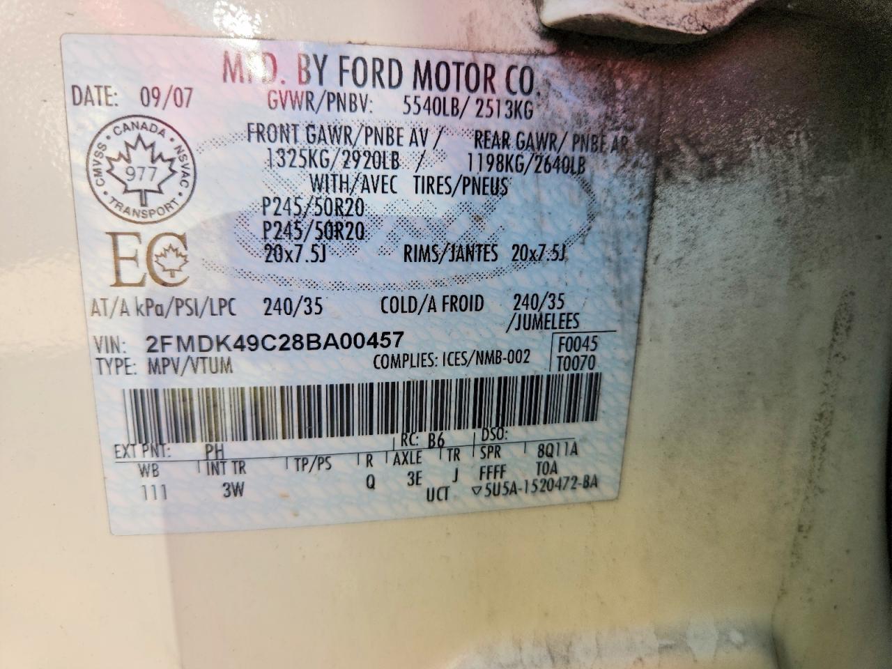 2008 Ford Edge Limited Cream vin: 2FMDK49C28BA00457