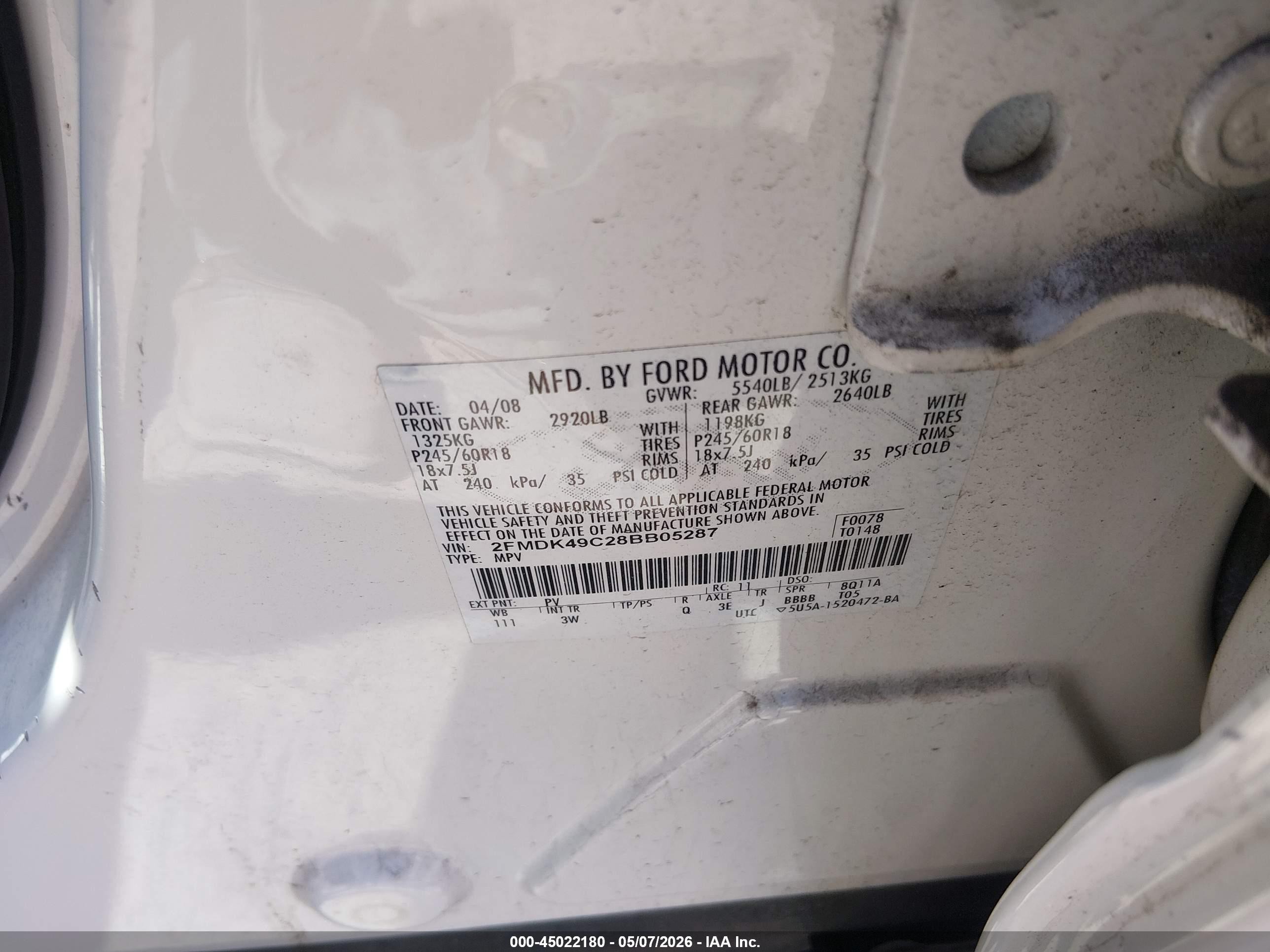 2008 Ford Edge Limited White vin: 2FMDK49C28BB05287