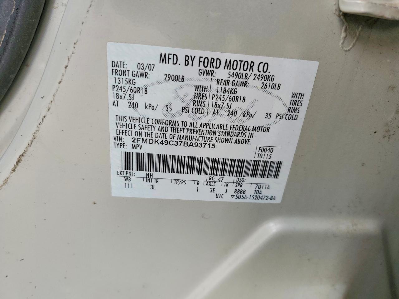 2007 Ford Edge White vin: 2FMDK49C37BA93715