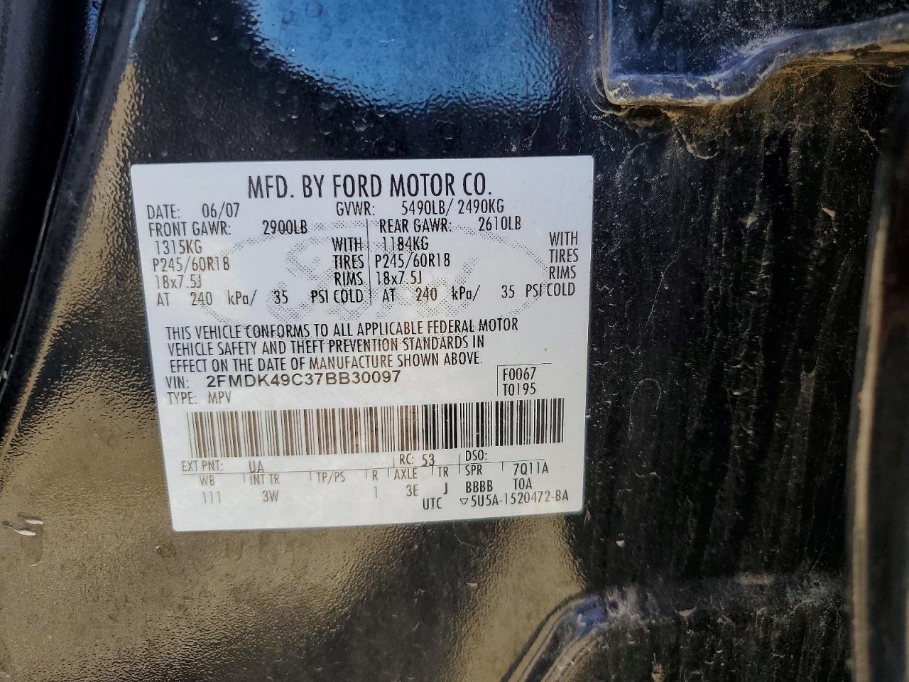 2007 Ford Edge Sel Plus Black vin: 2FMDK49C37BB30097
