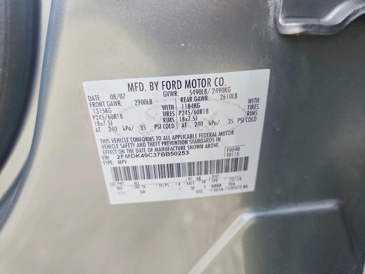 2007 Ford Edge Sel Plus Gray vin: 2FMDK49C37BB50253