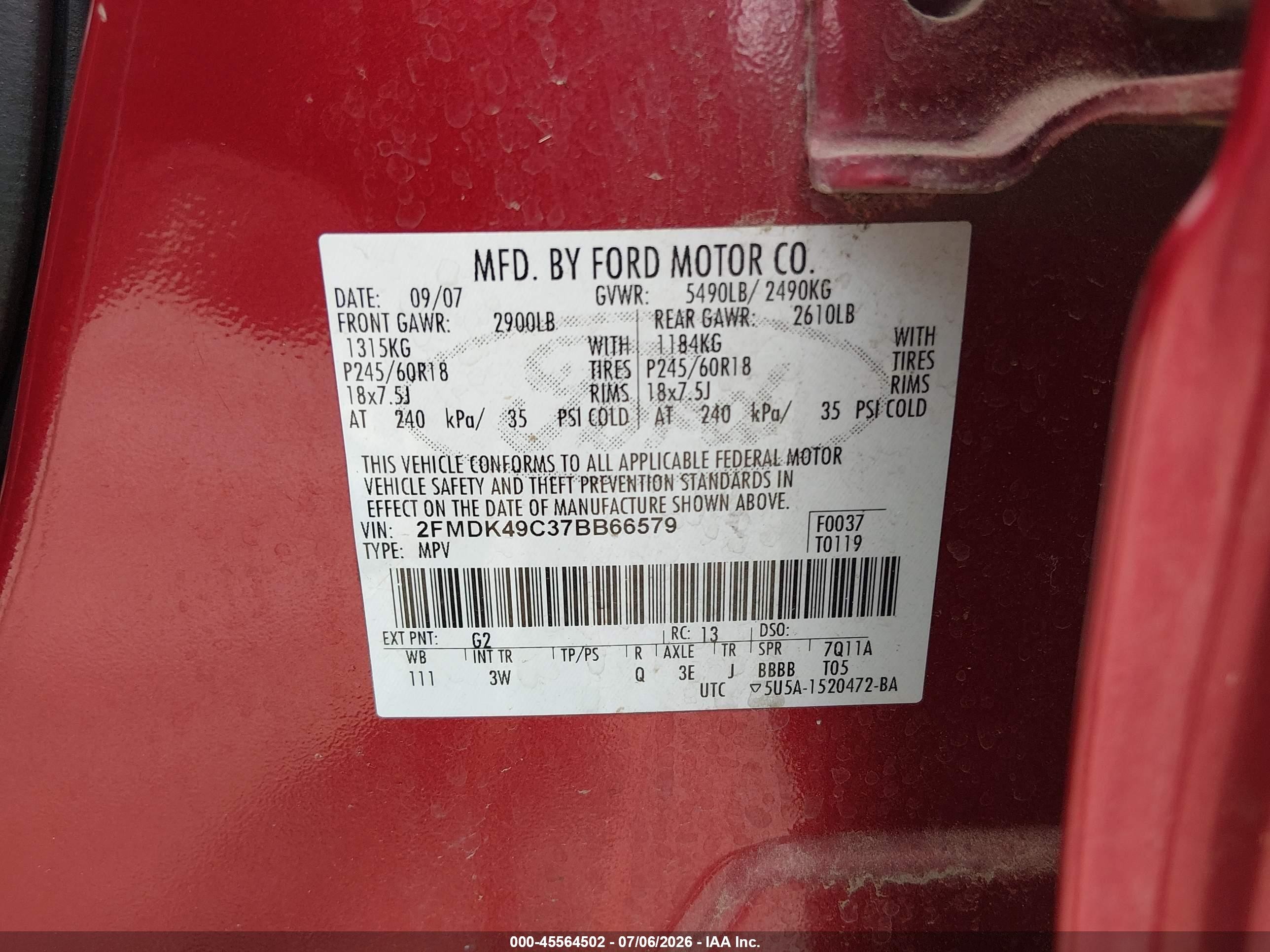 2007 Ford Edge Sel Plus Red vin: 2FMDK49C37BB66579