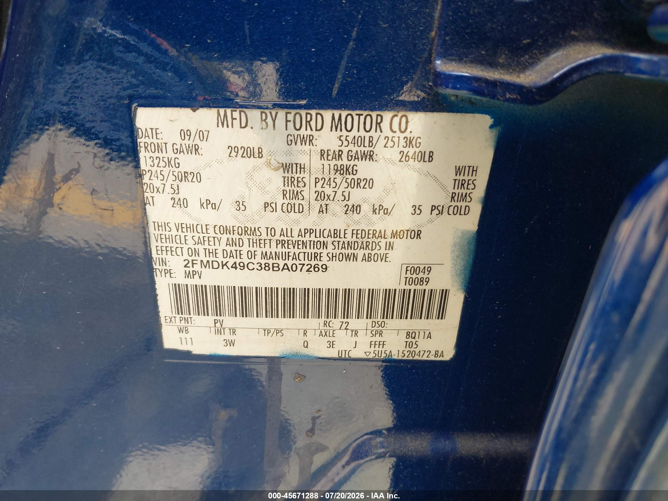 2008 Ford Edge Limited Blue vin: 2FMDK49C38BA07269