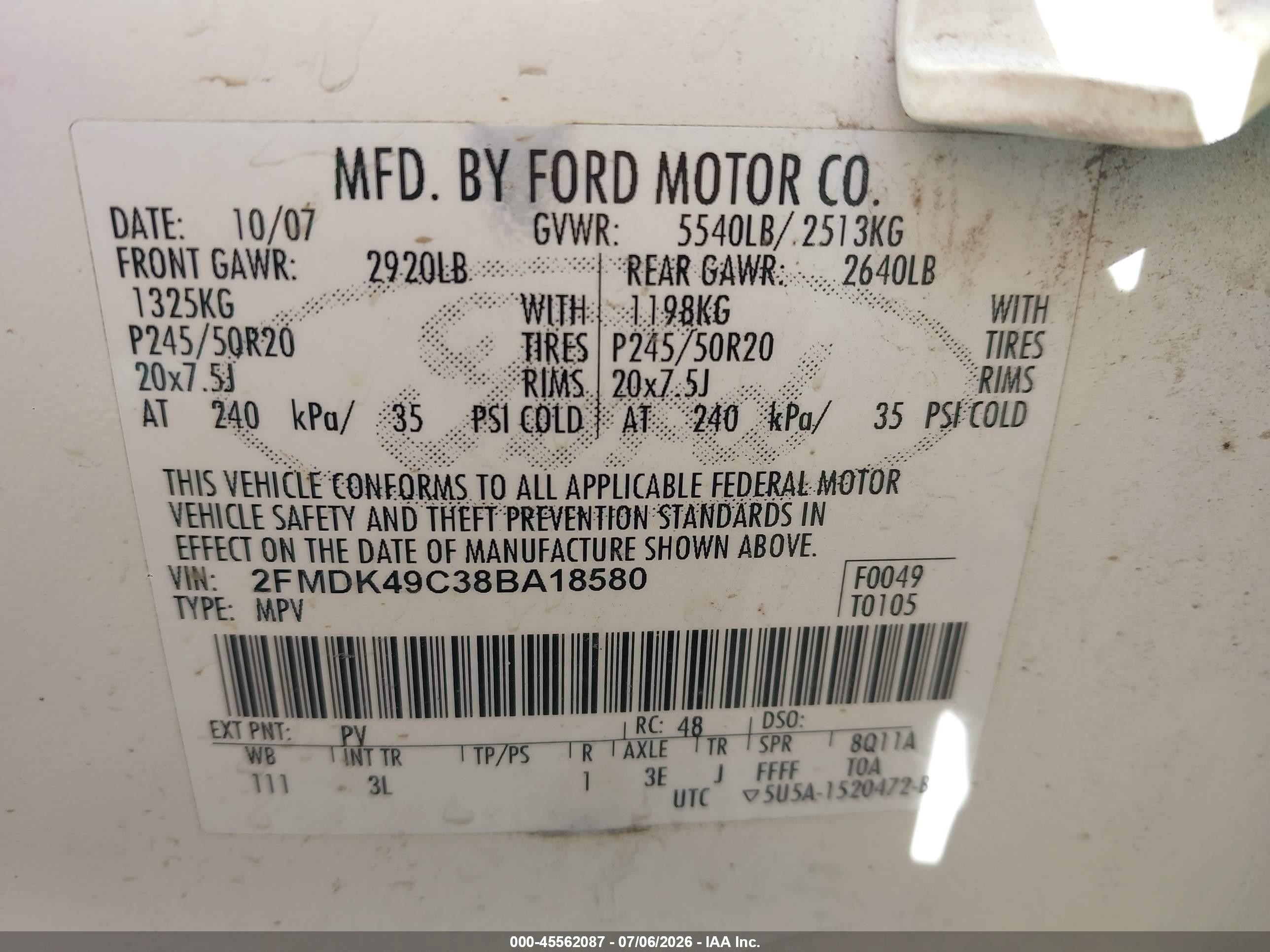 2008 Ford Edge Limited White vin: 2FMDK49C38BA18580