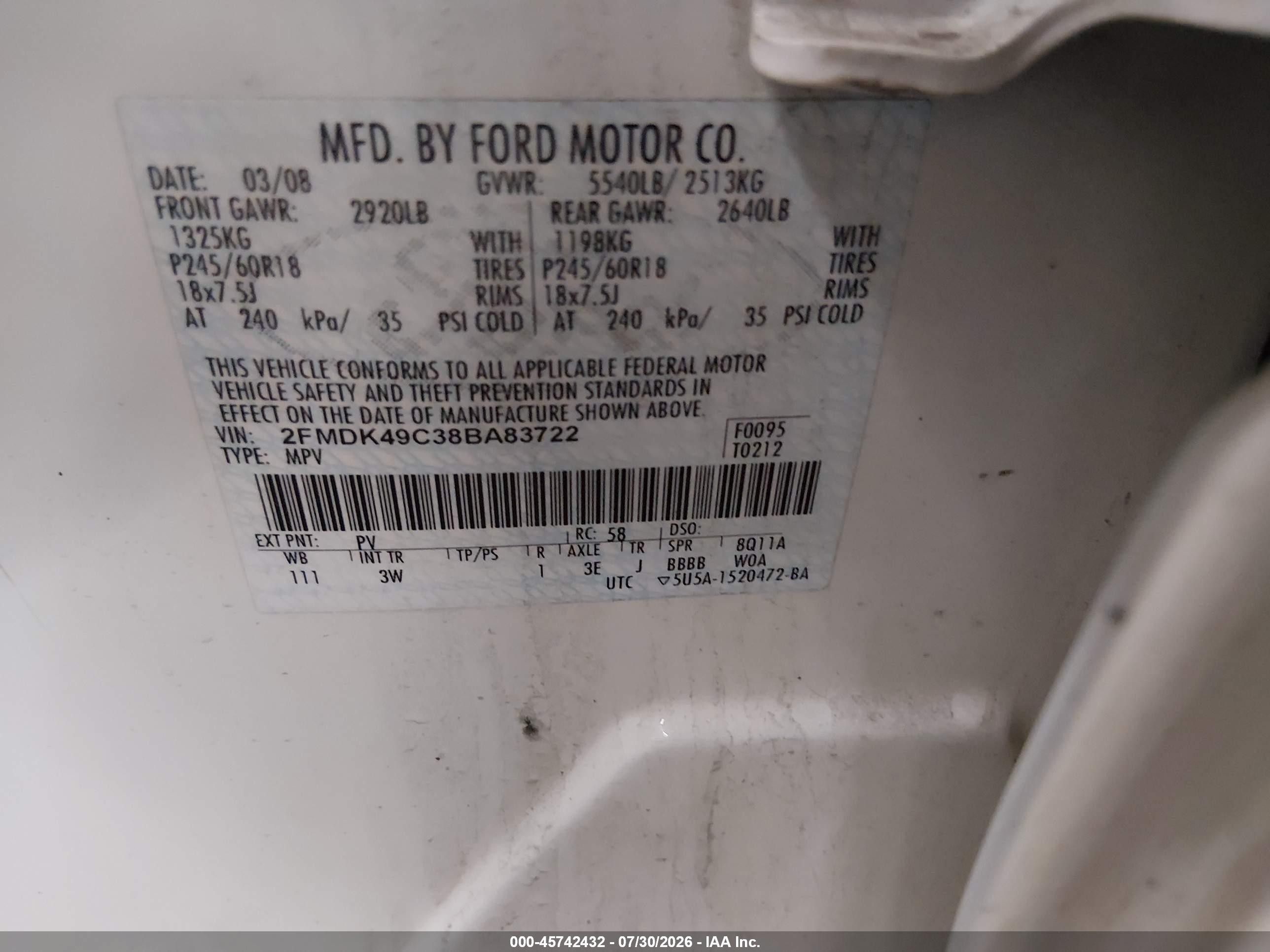 2008 Ford Edge Limited White vin: 2FMDK49C38BA83722