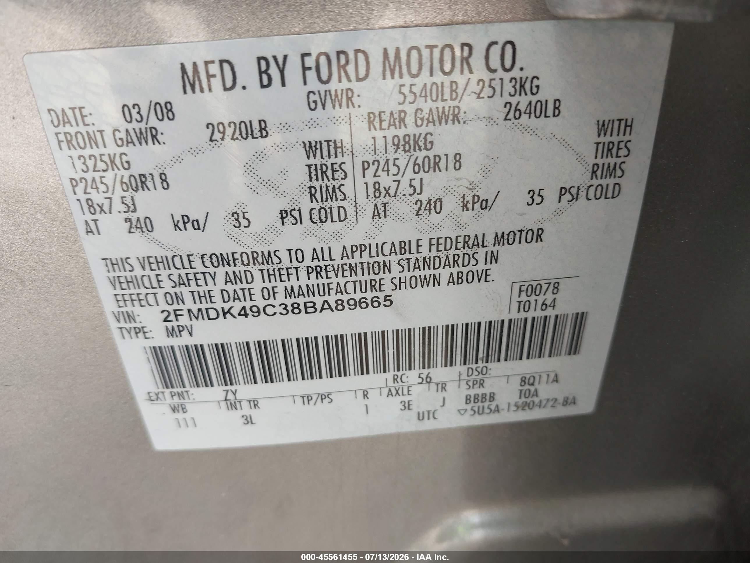 2008 Ford Edge Limited Серебряный vin: 2FMDK49C38BA89665
