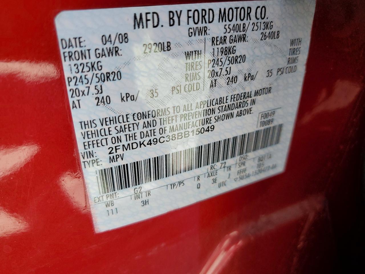 2008 Ford Edge Limited Burgundy vin: 2FMDK49C38BB15049