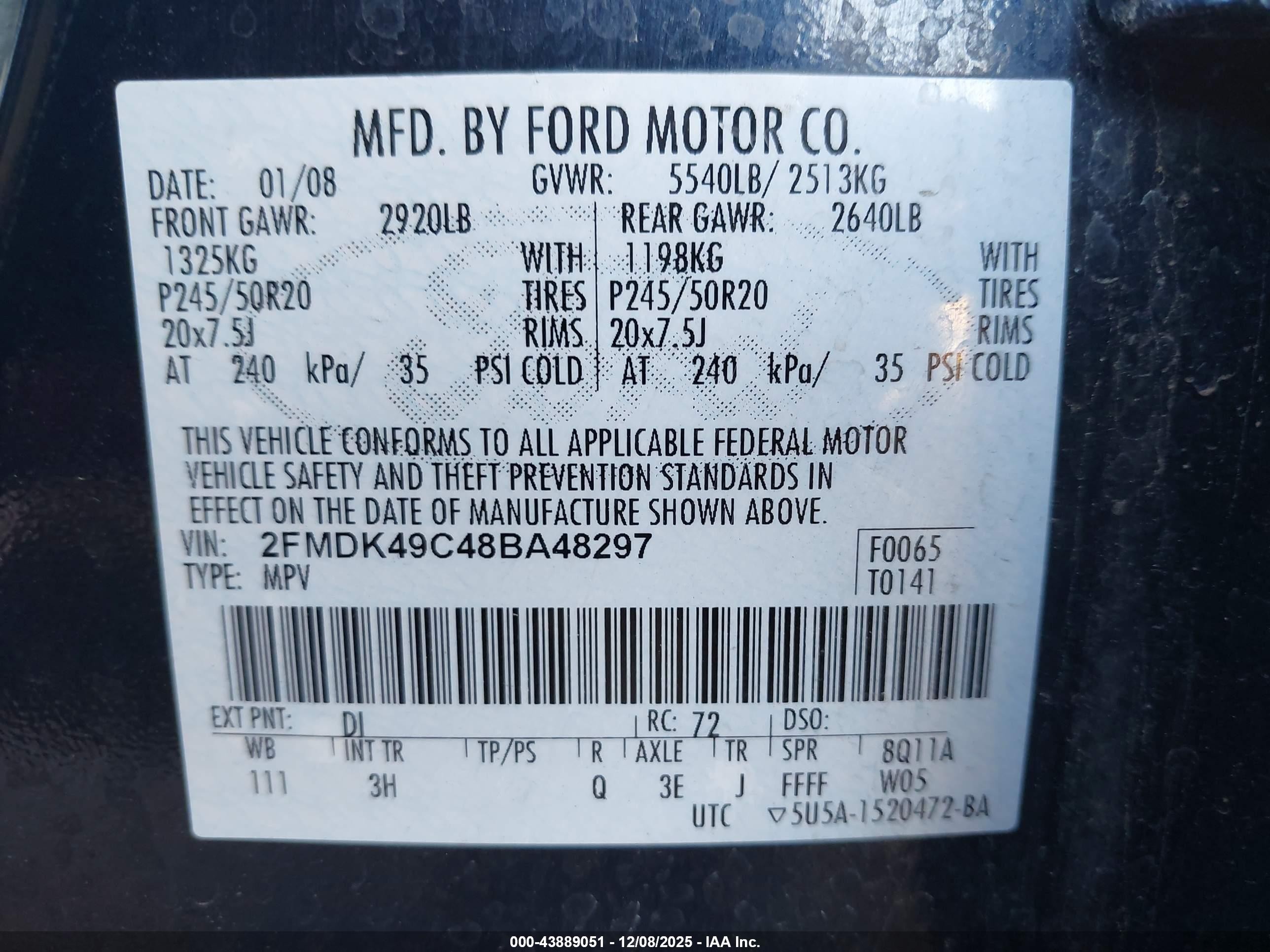2008 Ford Edge Limited Black vin: 2FMDK49C48BA48297