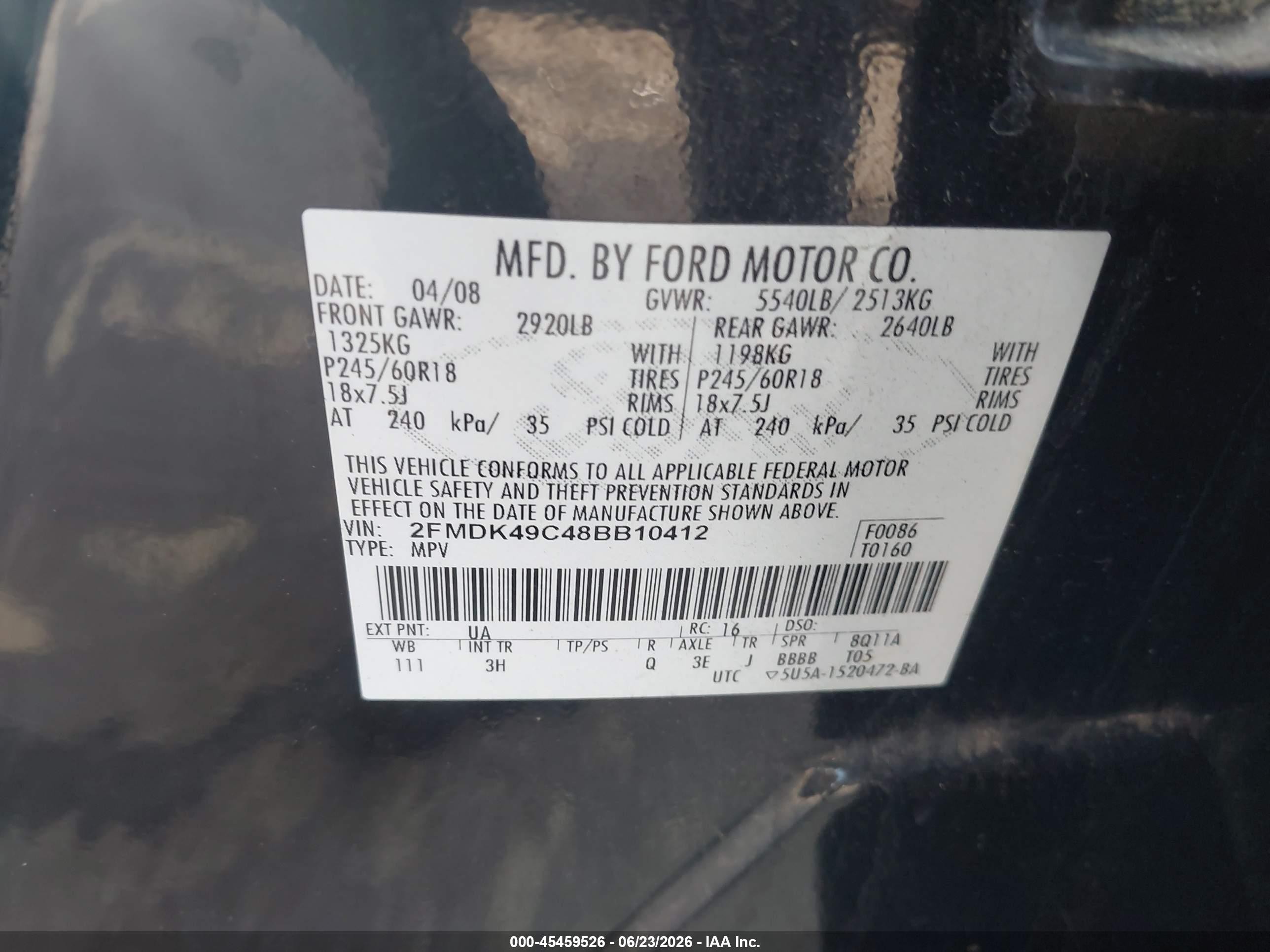 2008 Ford Edge Limited Black vin: 2FMDK49C48BB10412