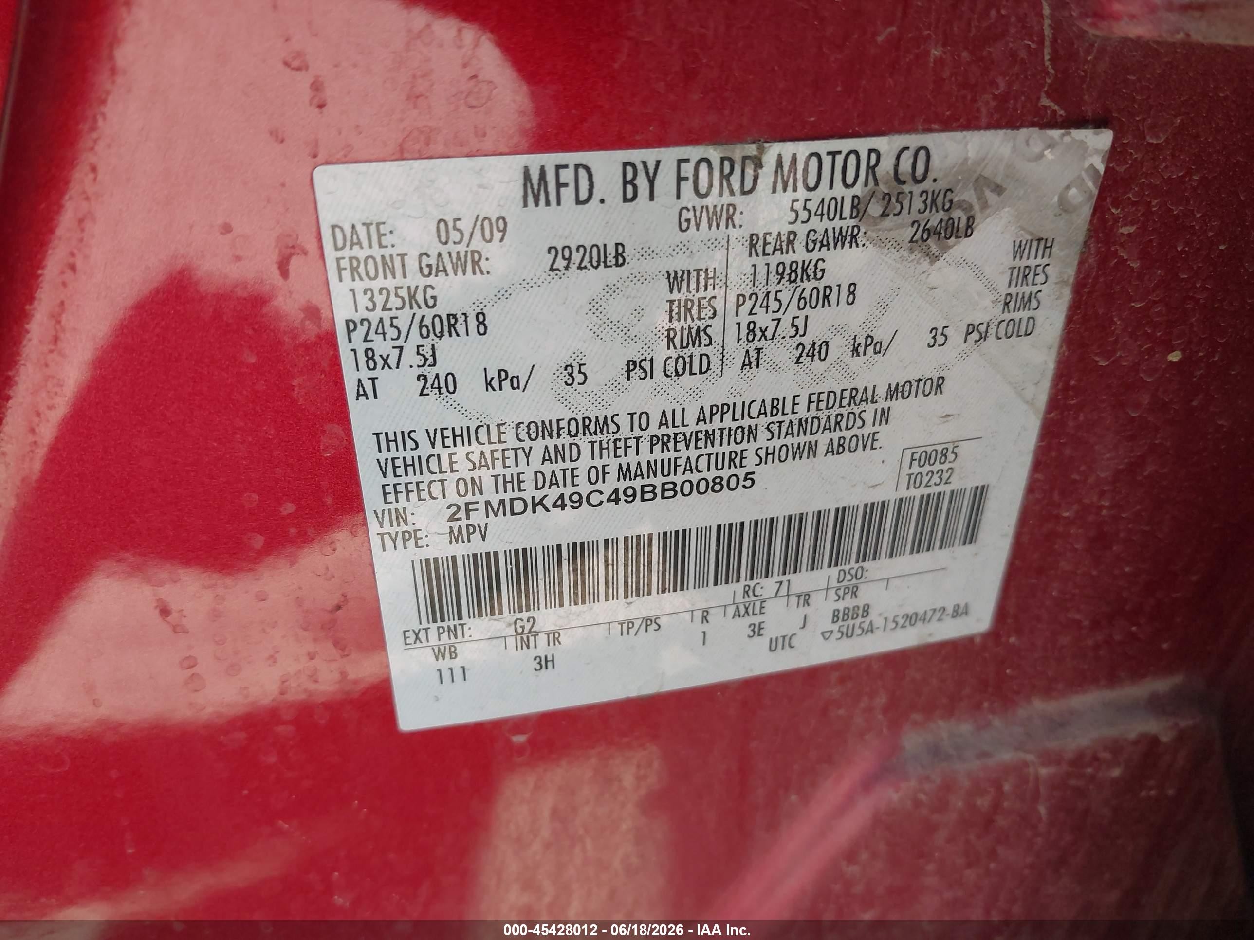 2009 Ford Edge Limited Red vin: 2FMDK49C49BB00805