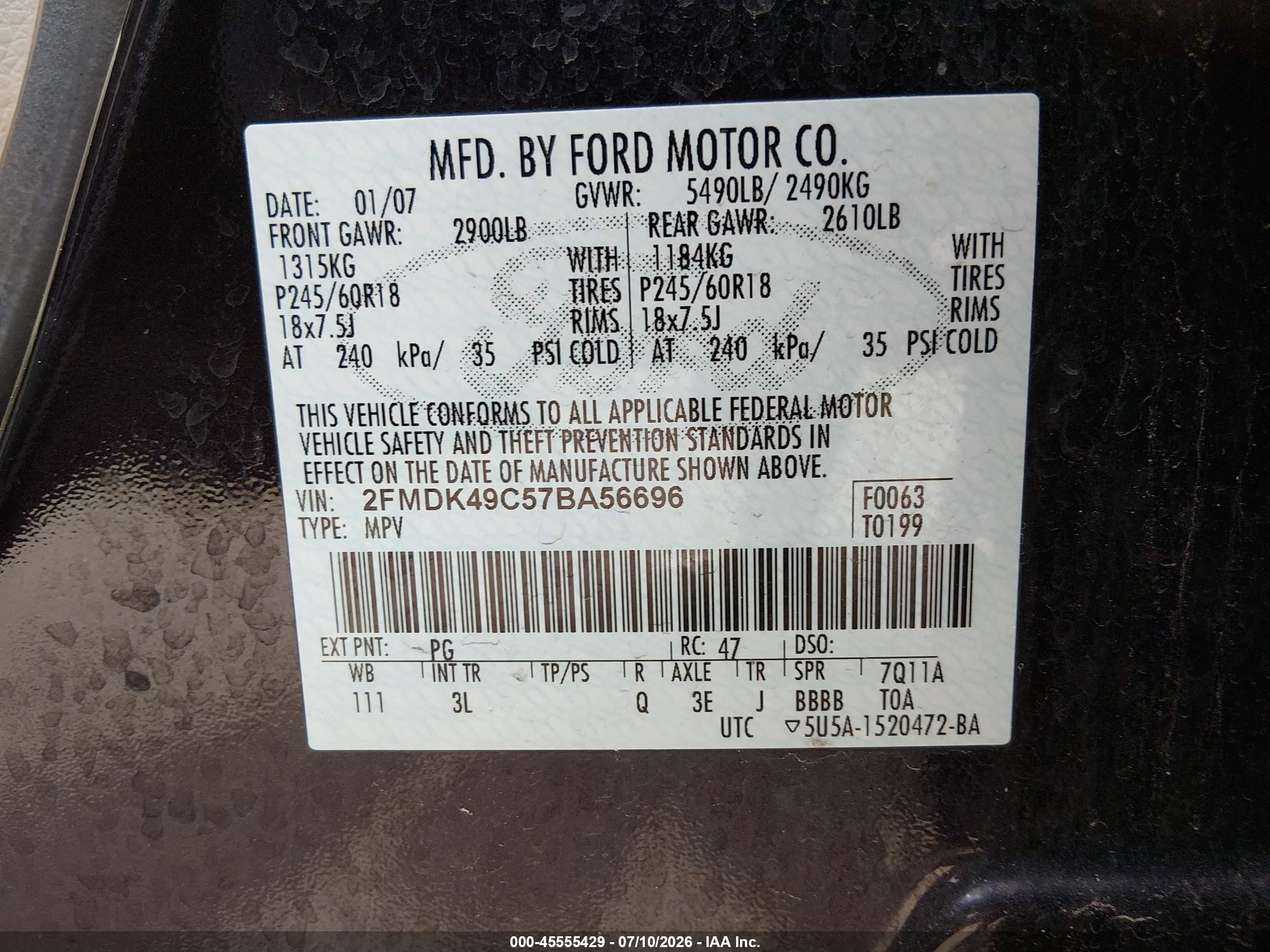 2007 Ford Edge Sel Plus Purple vin: 2FMDK49C57BA56696